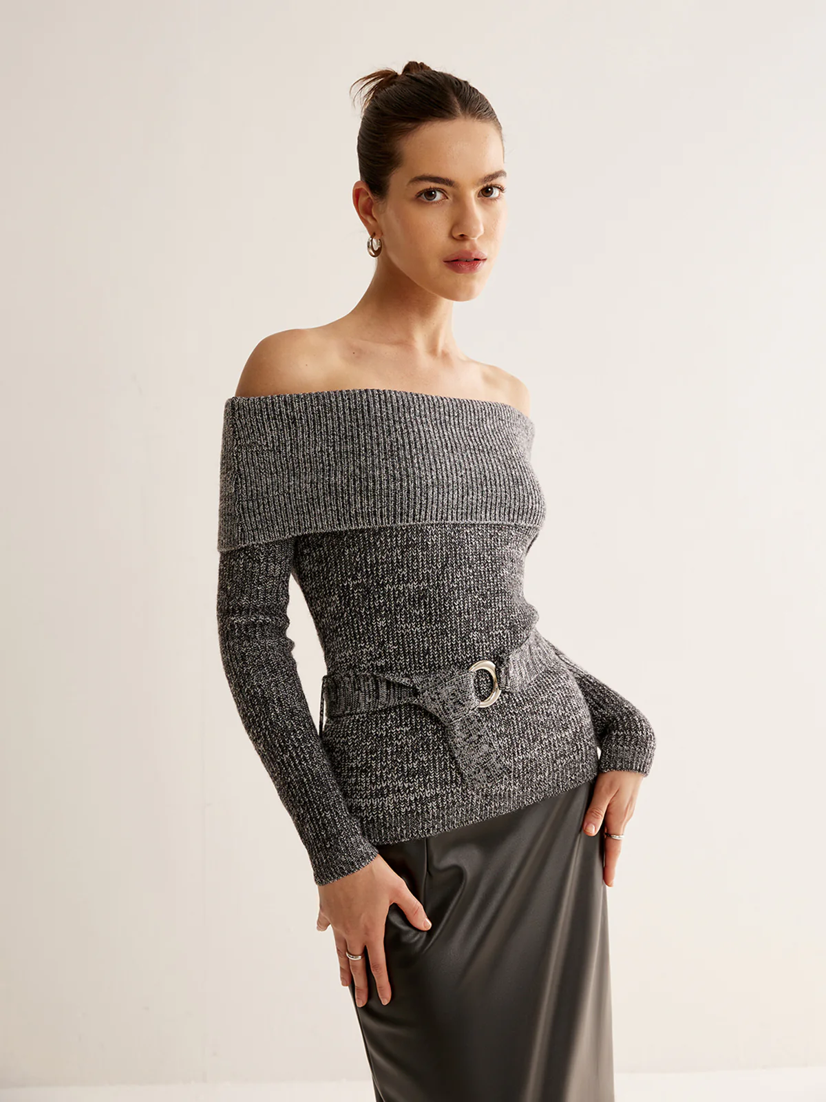 Off-Shoulder Belted Sweater - Image 6