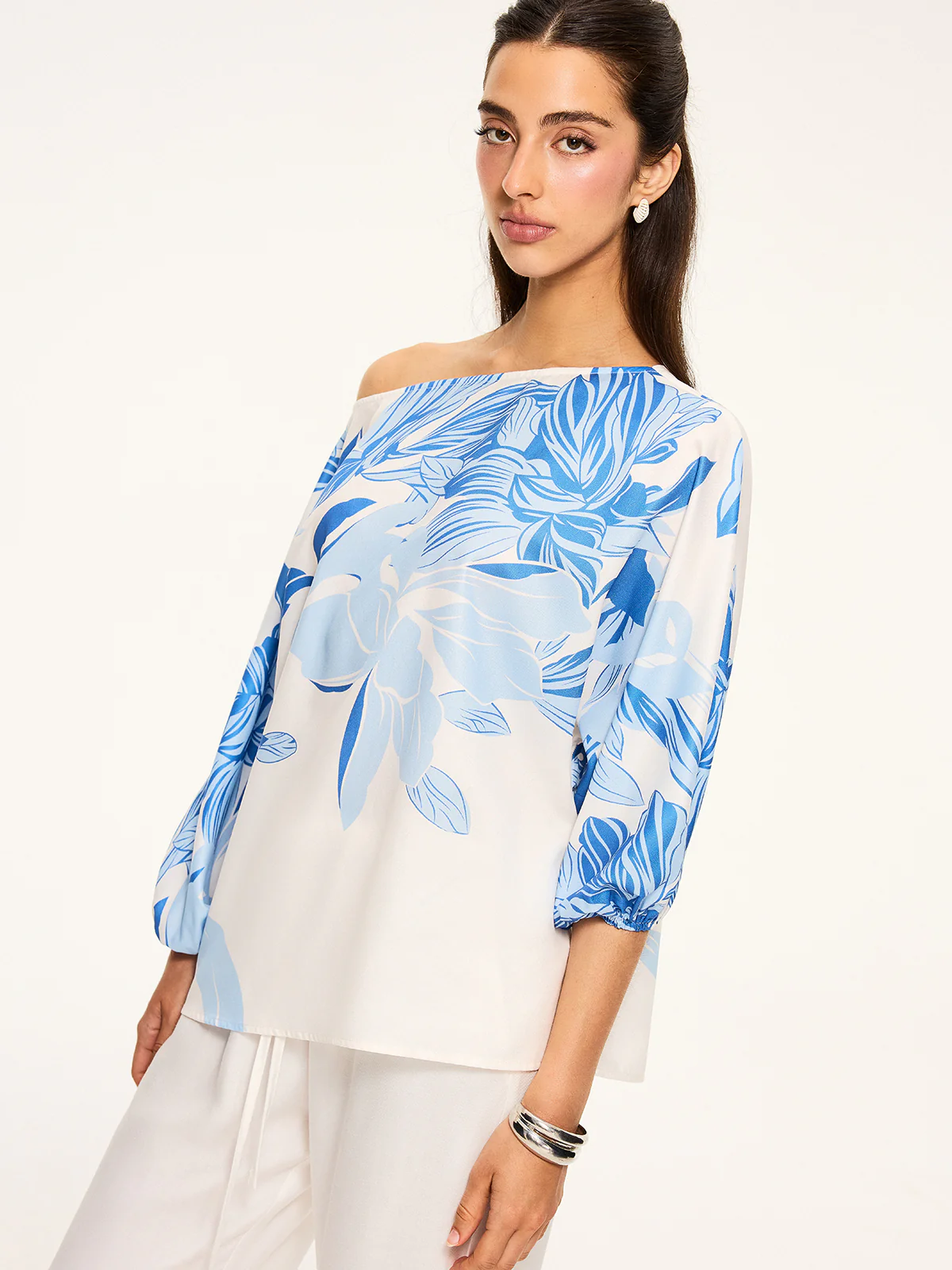 Semi-Sheer Off-Shoulder Floral Print Blouse - Image 3