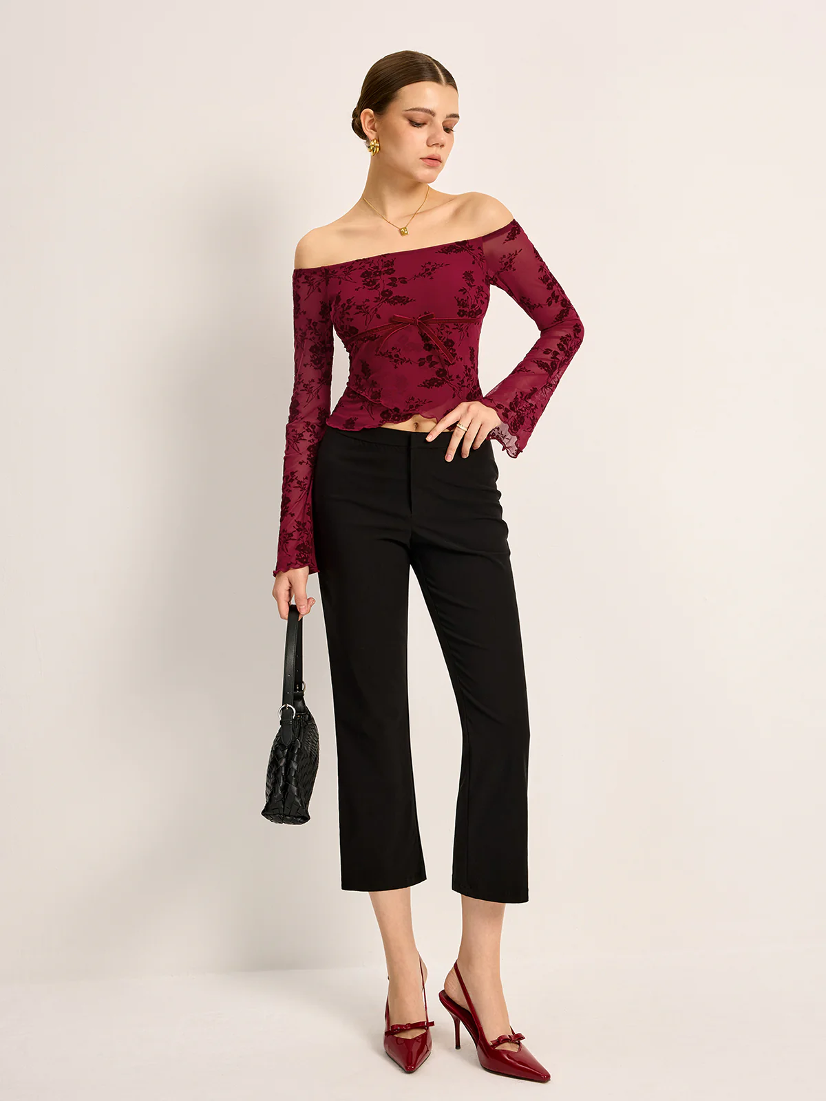 Off-Shoulder Floral Print Semi-Sheer T-Shirt - Image 4