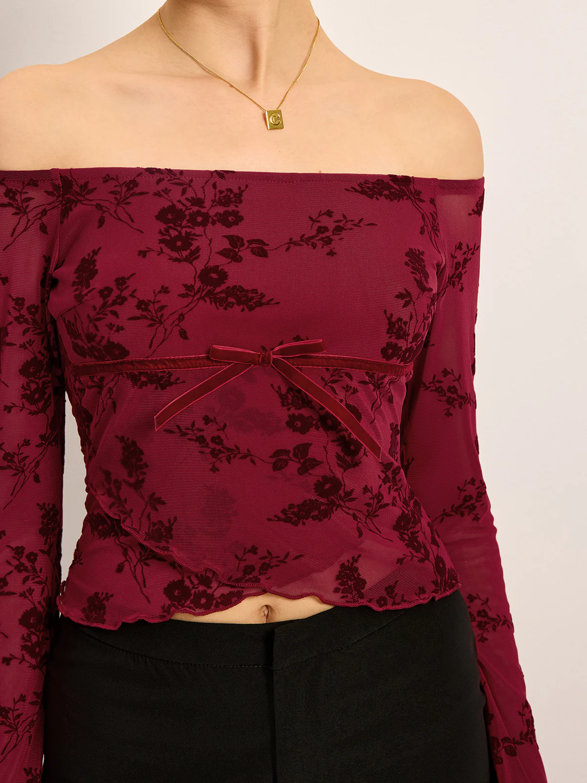 Off-Shoulder Floral Print Semi-Sheer T-Shirt - Image 5