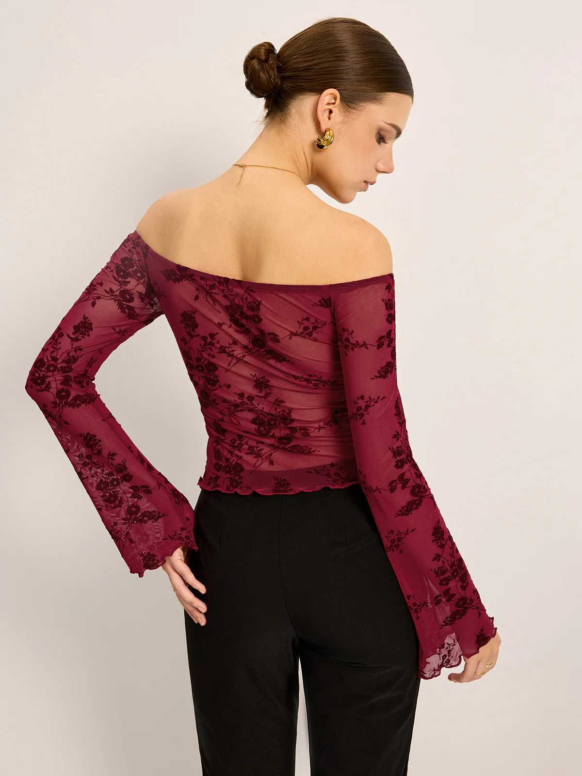 Off-Shoulder Floral Print Semi-Sheer T-Shirt - Image 6
