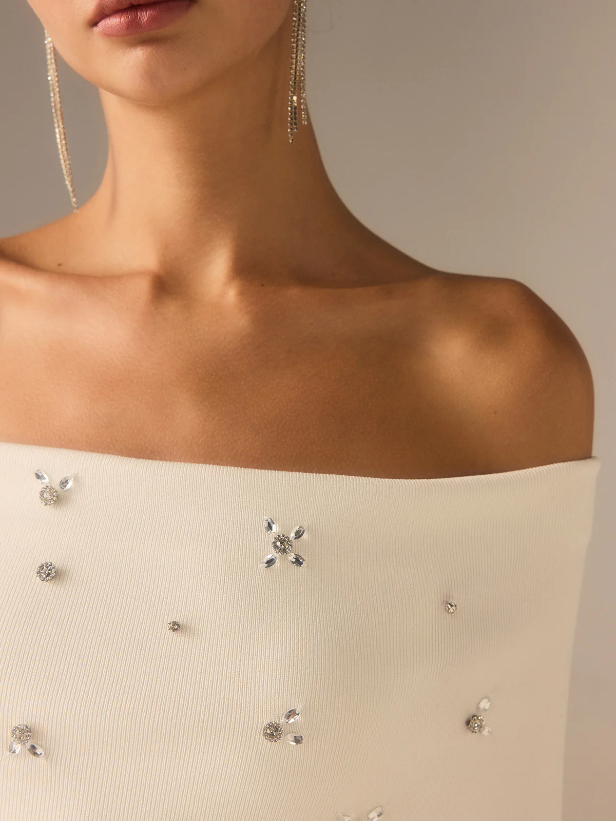 Off-Shoulder Knit Top with Crystal Embellishments - Image 4