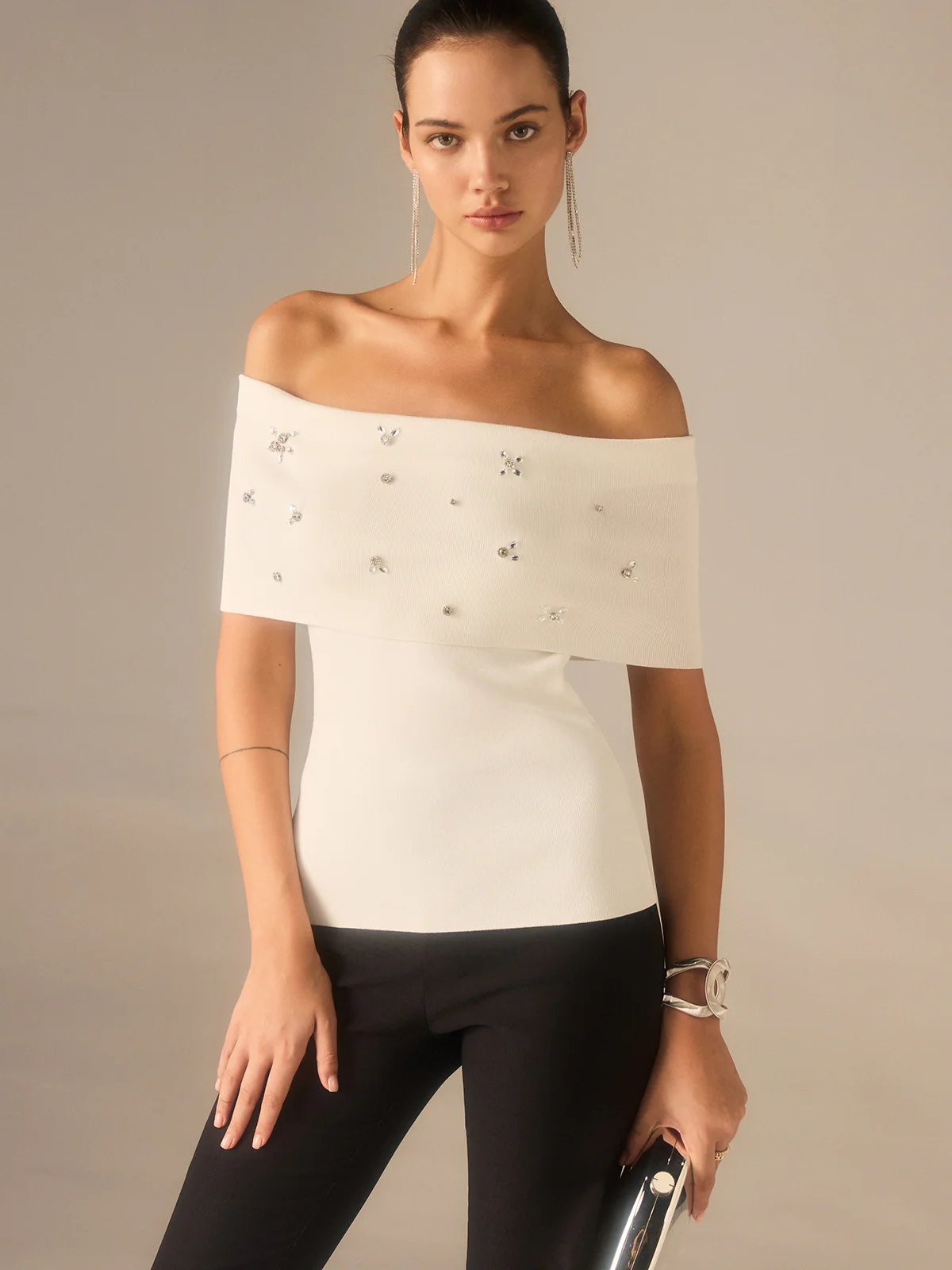 Off-Shoulder Knit Top with Crystal Embellishments - Image 5