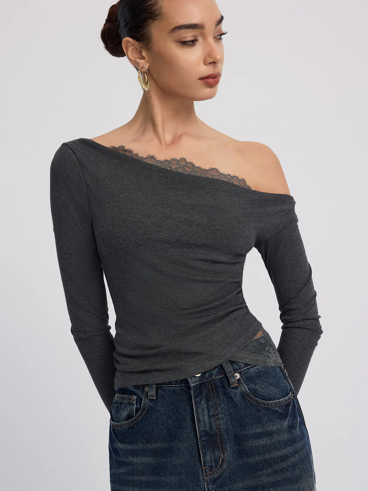 Off-Shoulder Lace-Trim Long-Sleeve Top - Image 3