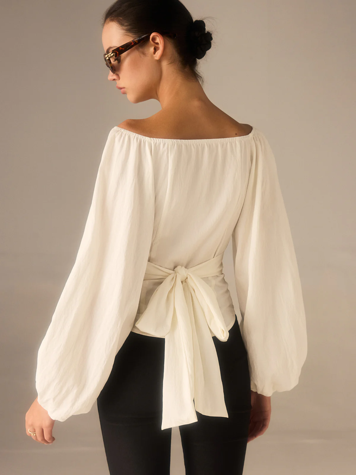 Off-Shoulder Lantern-Sleeve Top with Bow Back - Image 2