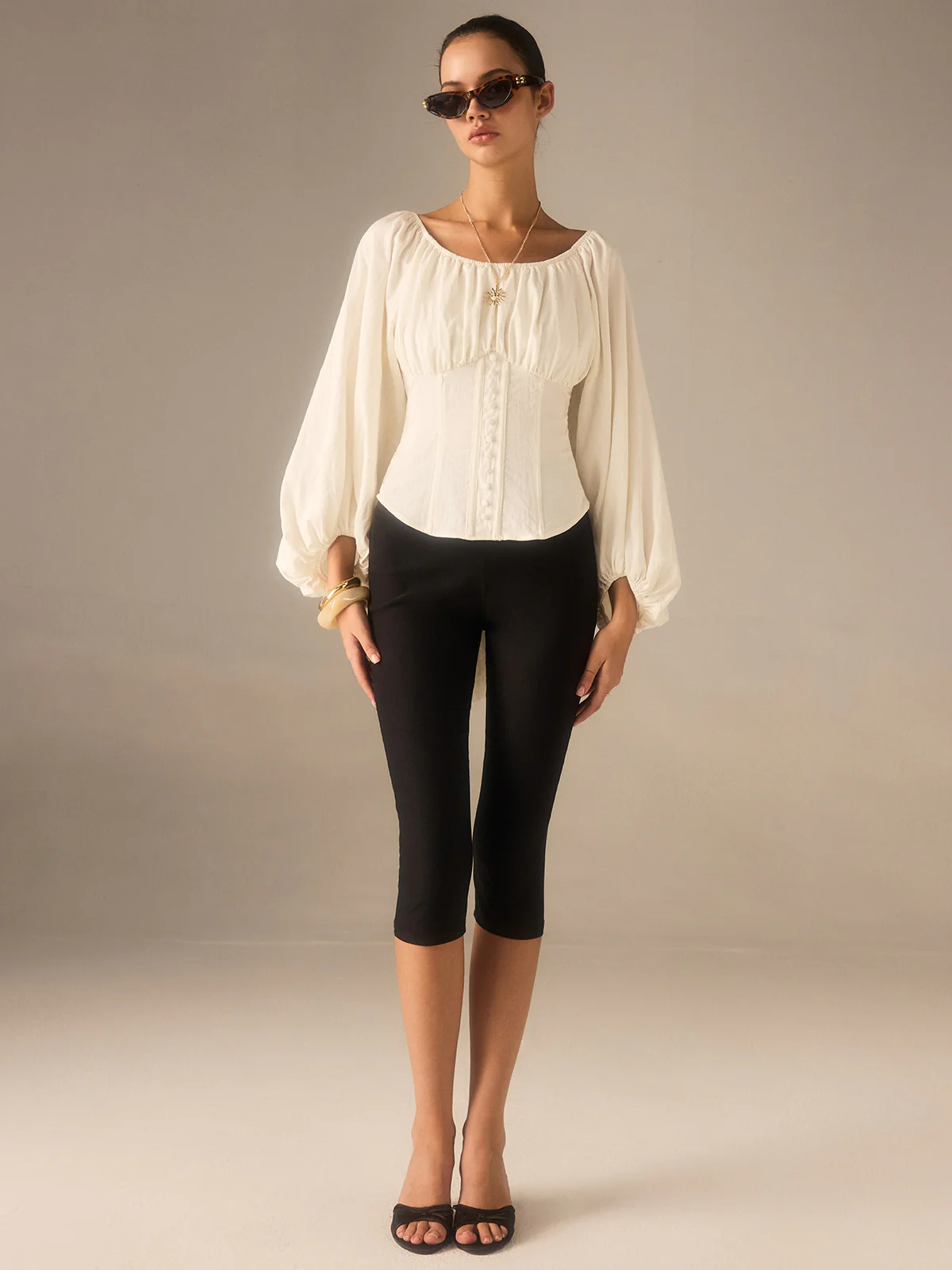 Off-Shoulder Lantern-Sleeve Top with Bow Back - Image 3