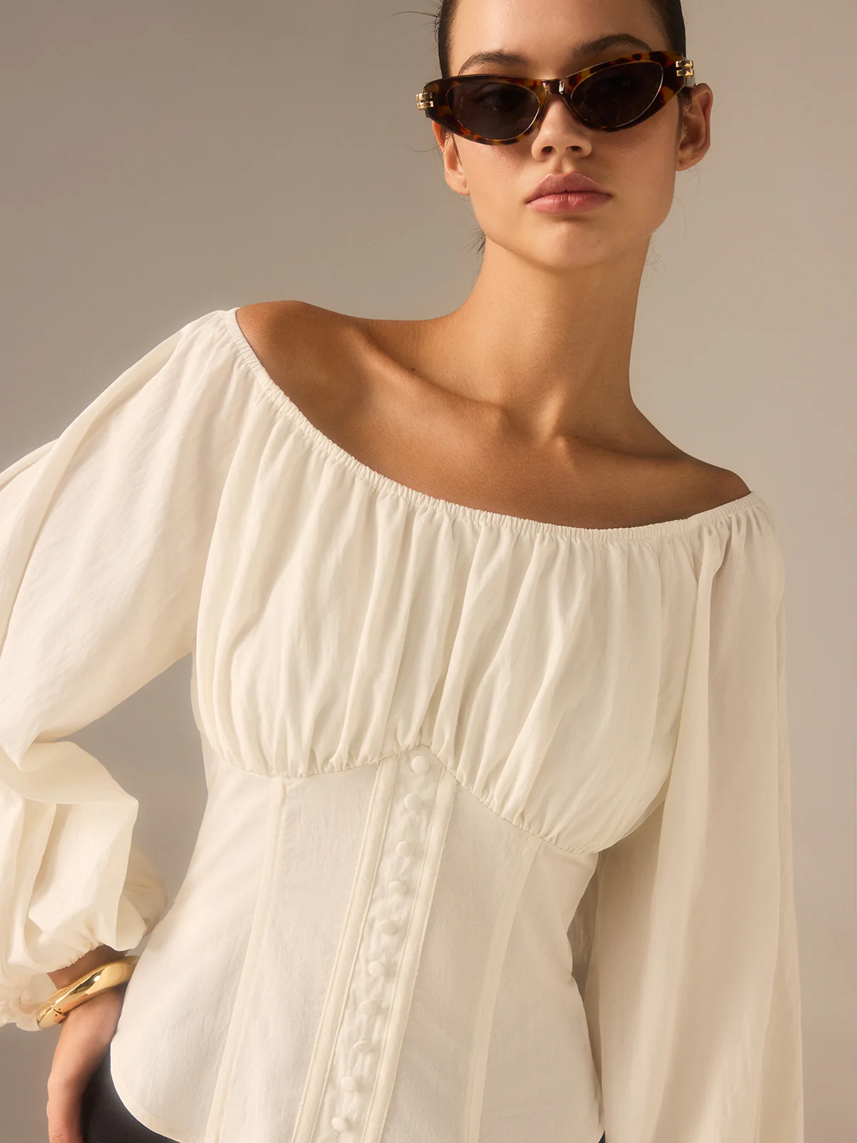 Off-Shoulder Lantern-Sleeve Top with Bow Back - Image 4