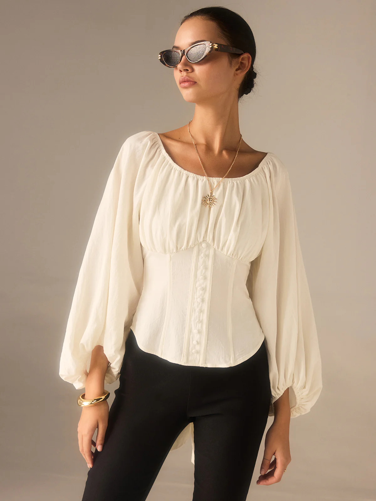 Off-Shoulder Lantern-Sleeve Top with Bow Back - Image 5