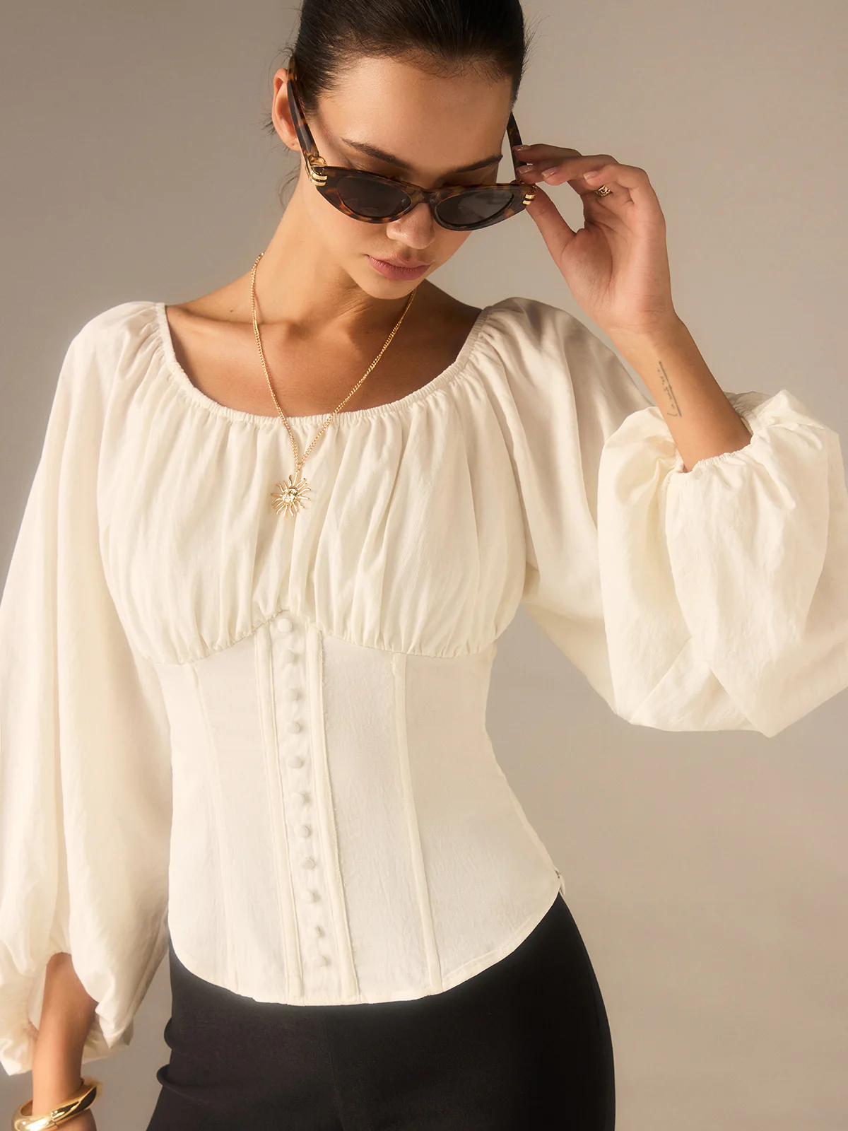Off-Shoulder Lantern-Sleeve Top with Bow Back - Image 6
