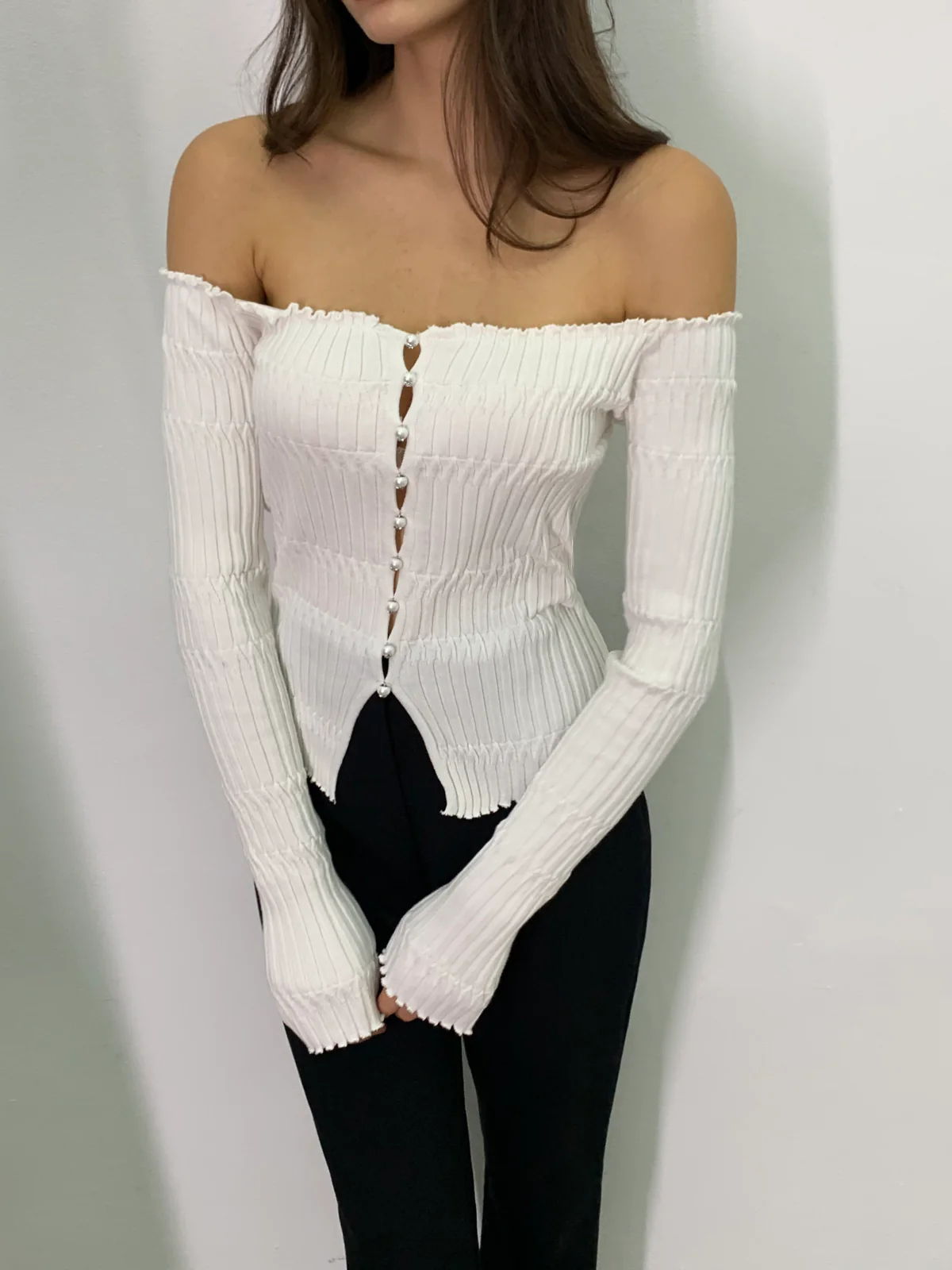 Off-Shoulder Lettuce Trim Cardigan - Image 3