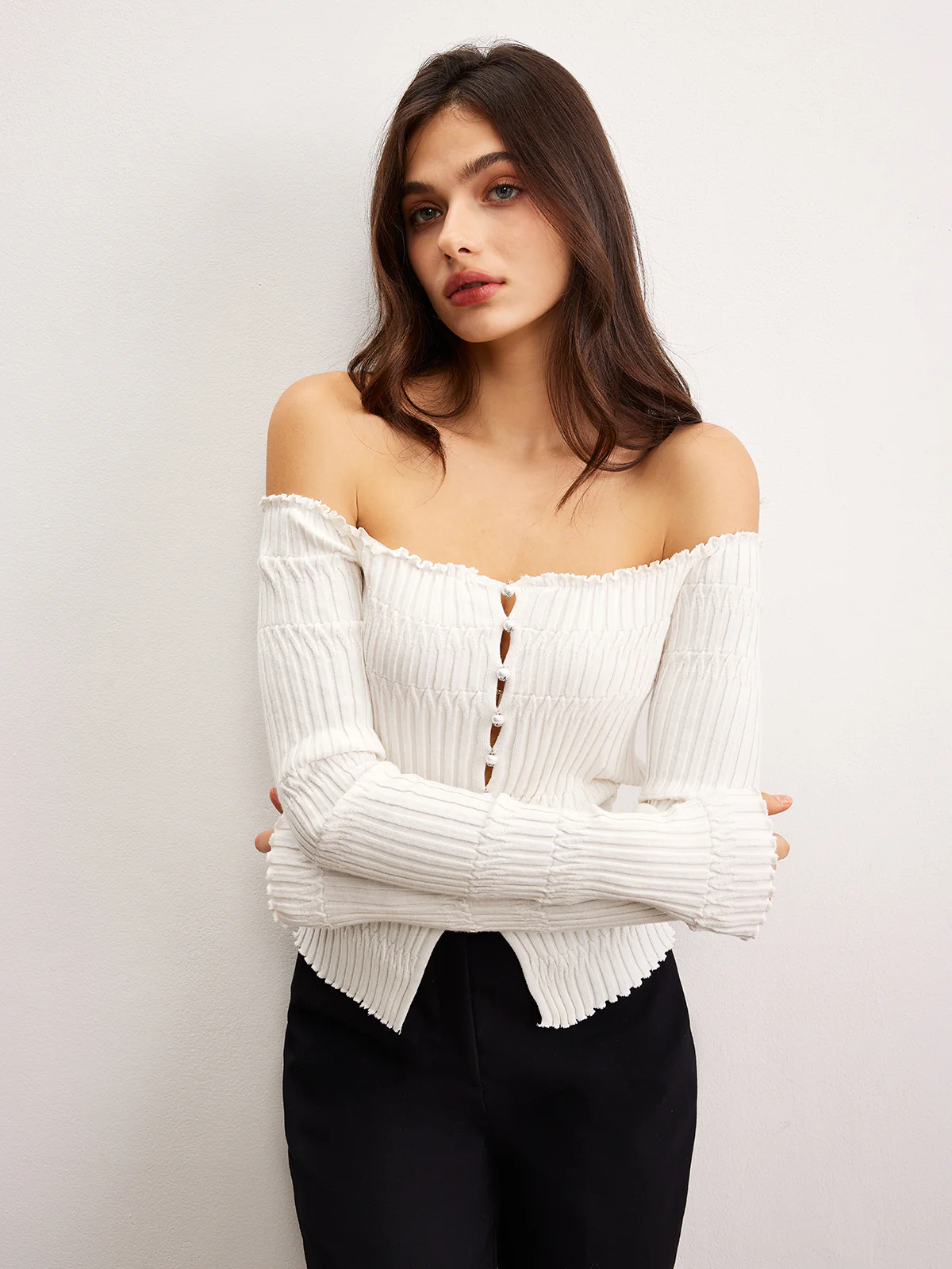 Off-Shoulder Lettuce Trim Cardigan - Image 4