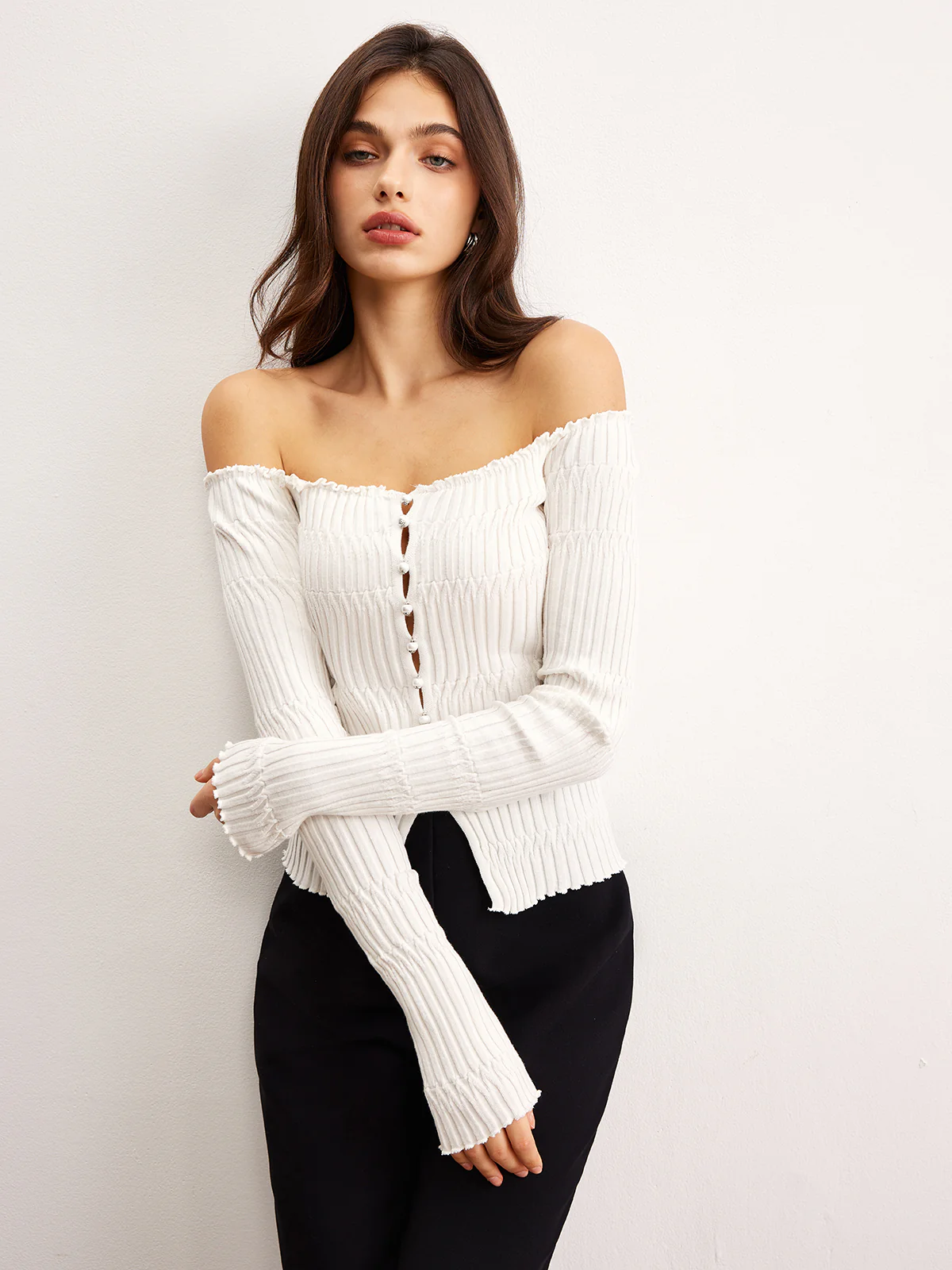 Off-Shoulder Lettuce Trim Cardigan - Image 6