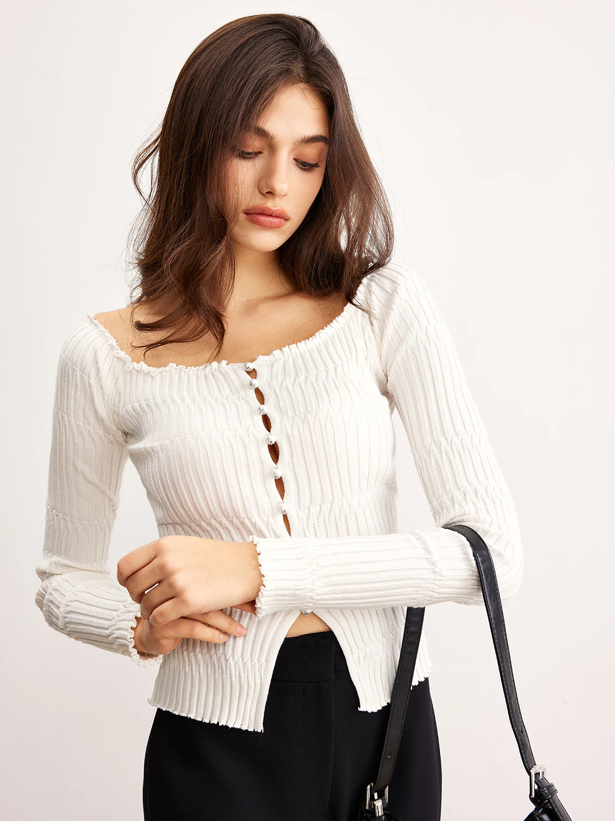 Off-Shoulder Lettuce Trim Cardigan - Image 7