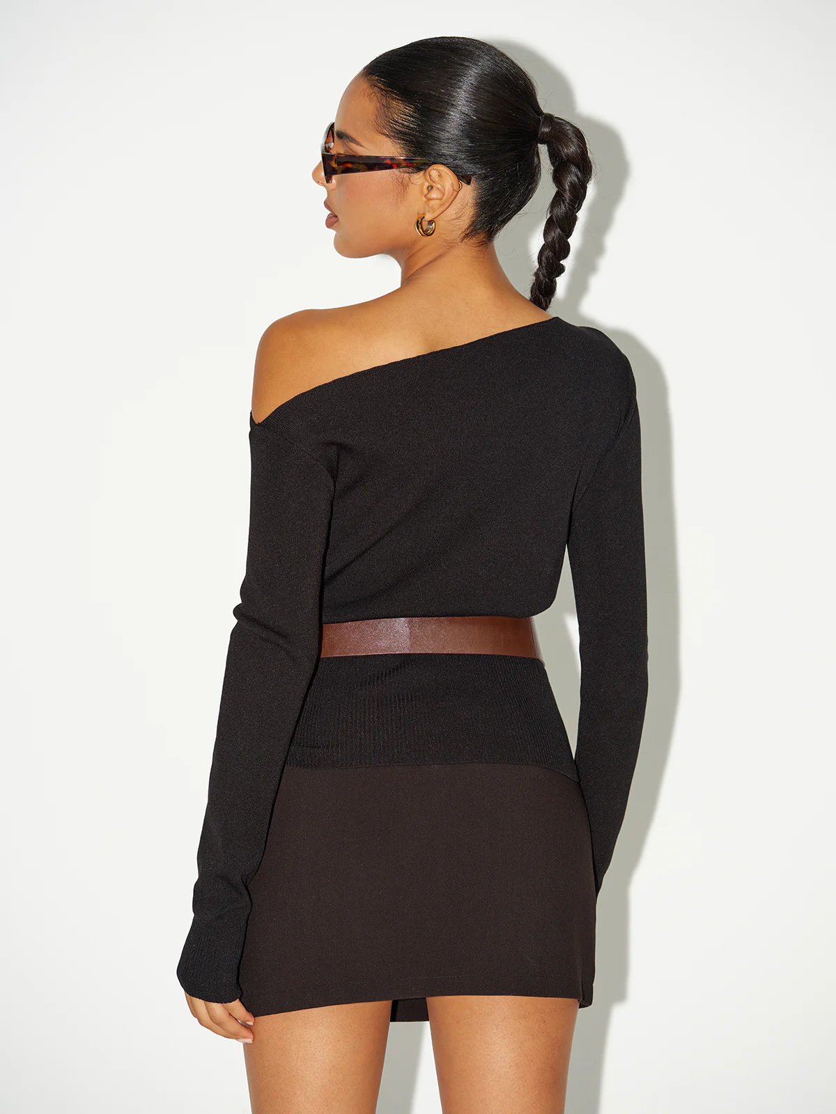 Off-Shoulder Long-Sleeve Knit Top with Belt - Image 5