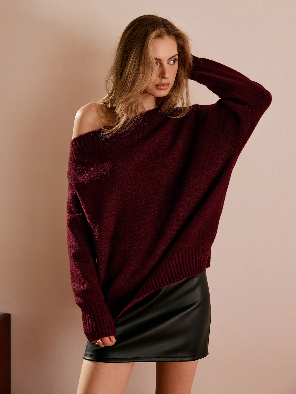 Off-Shoulder Plain Draped Sweater - Image 5