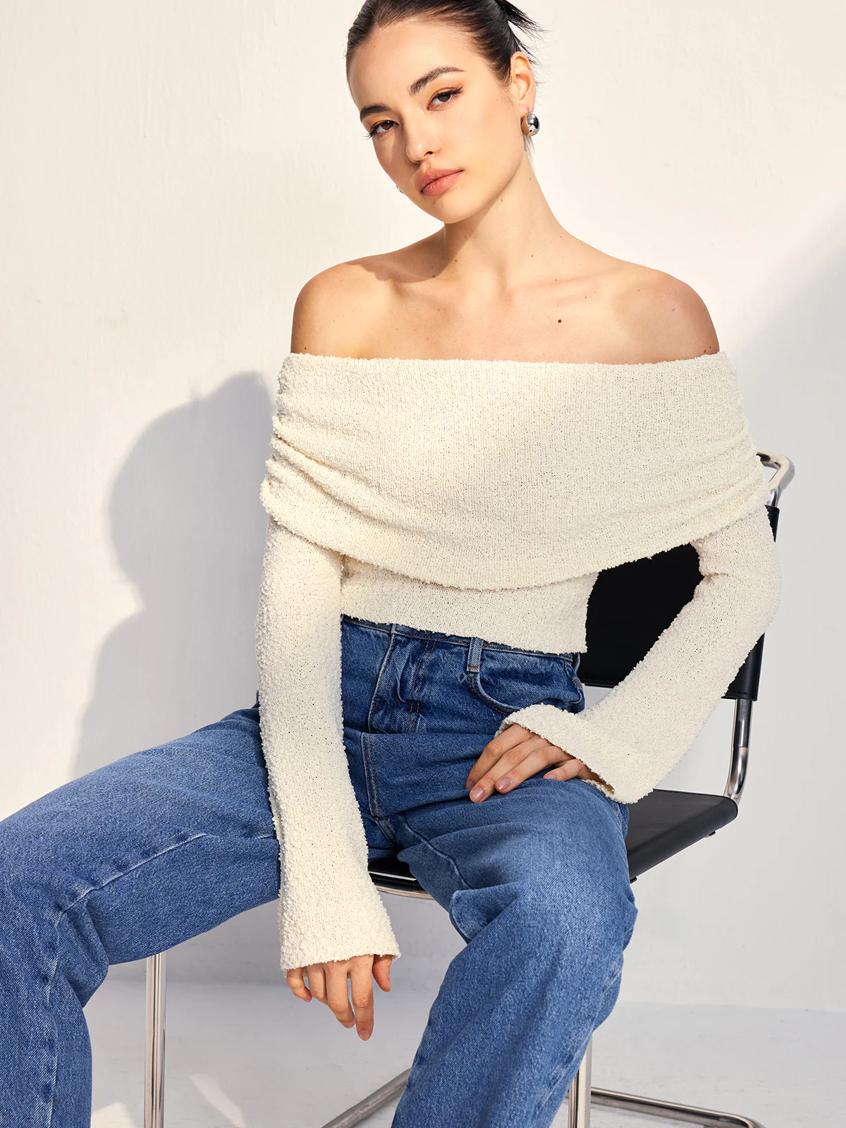 Off Shoulder Plain Knit Top - Image 3