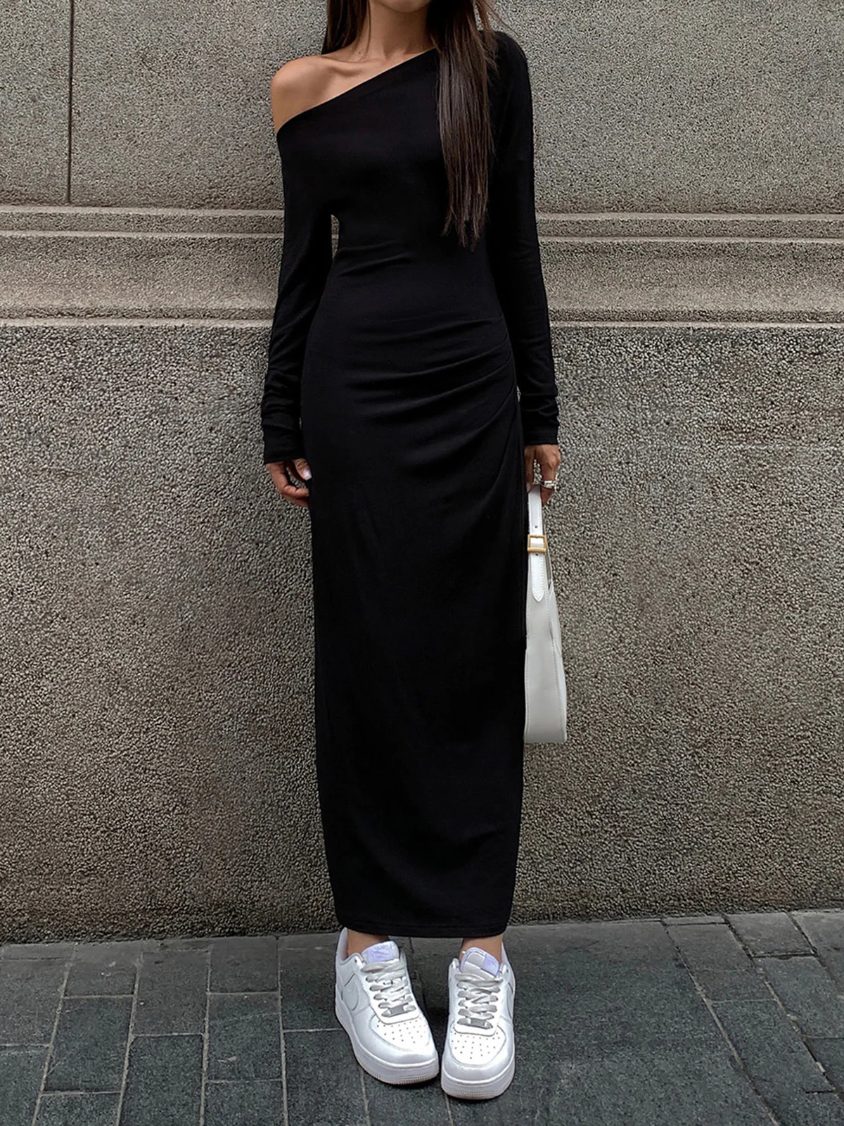 Off Shoulder Ribbed Long Sleeve Knit Long Dress - Image 2