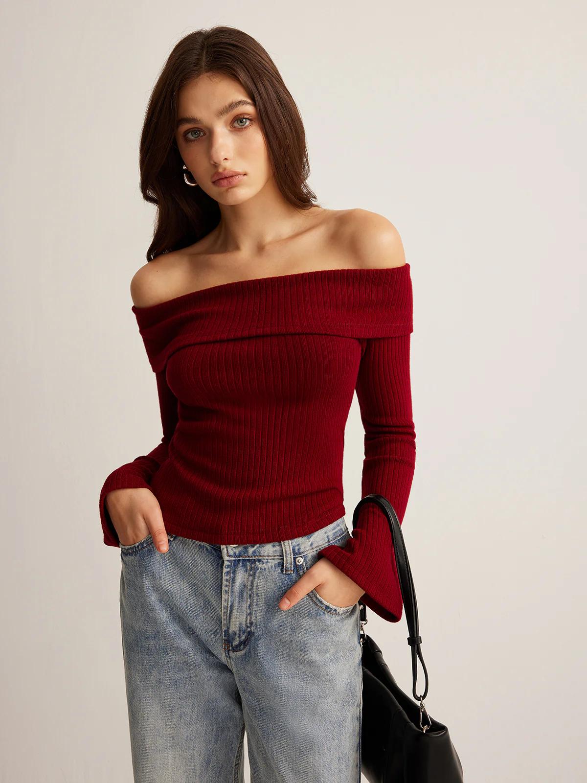 Off-Shoulder Ribbed Slim Top - Image 3