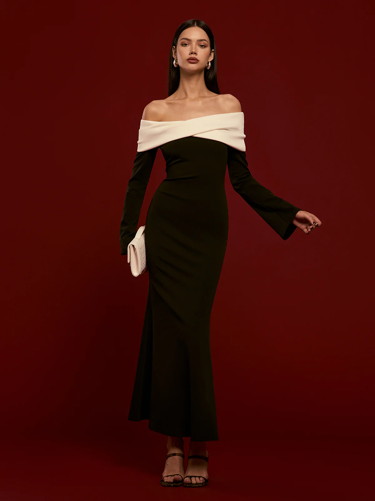 Off-Shoulder Ruched Bell-Sleeve Dress - Image 2