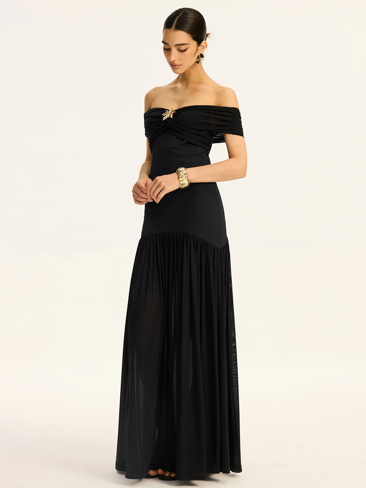 Semi-Sheer Off-Shoulder Ruched Mesh-Paneled Maxi Dress - Image 4