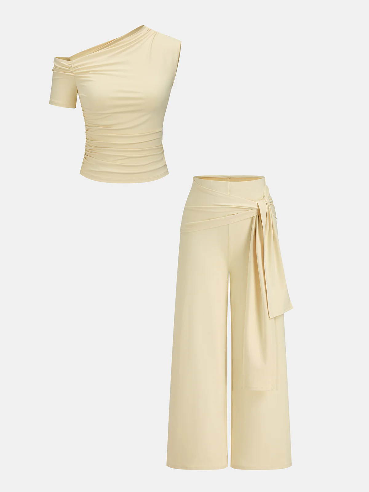 Off-Shoulder Ruched Top & Tie-Waist Pants Set