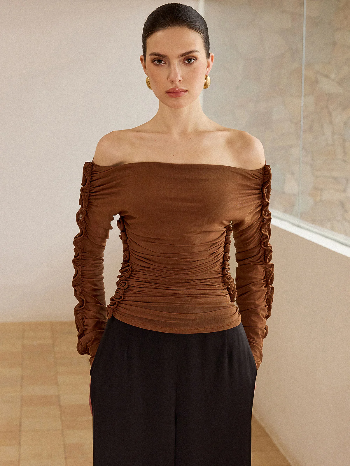 Off-Shoulder Ruched Top with Ruffled Sleeves - Image 4