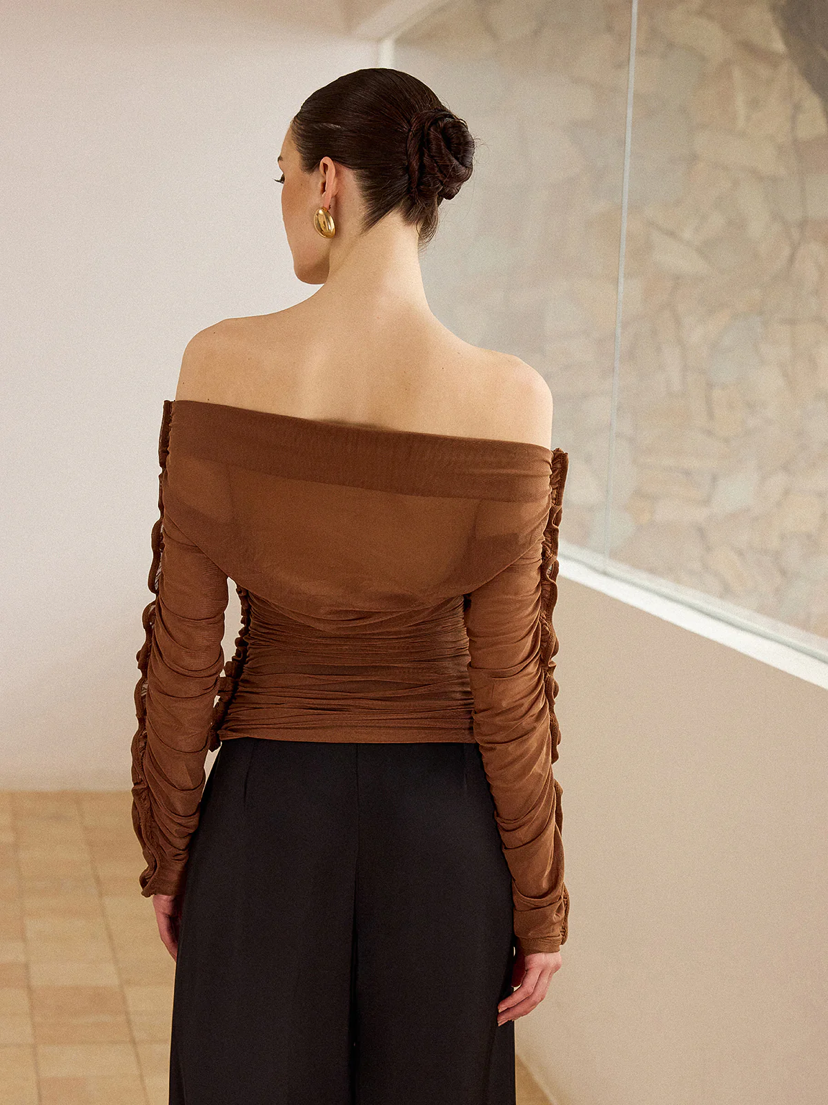 Off-Shoulder Ruched Top with Ruffled Sleeves - Image 5