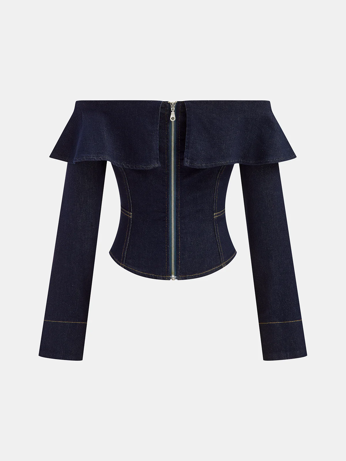 Off-Shoulder Ruffle Collar Denim Top - Image 2