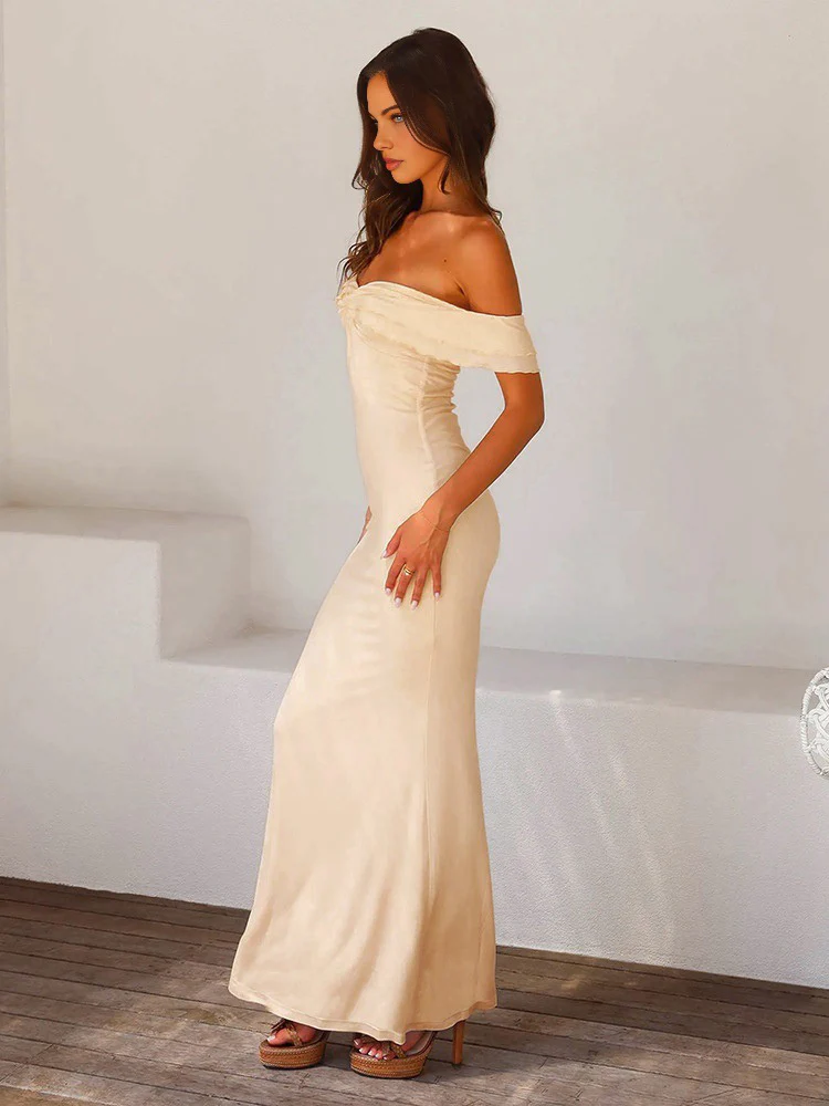 Off Shoulder Ruffle Satin Long Dress - Image 3