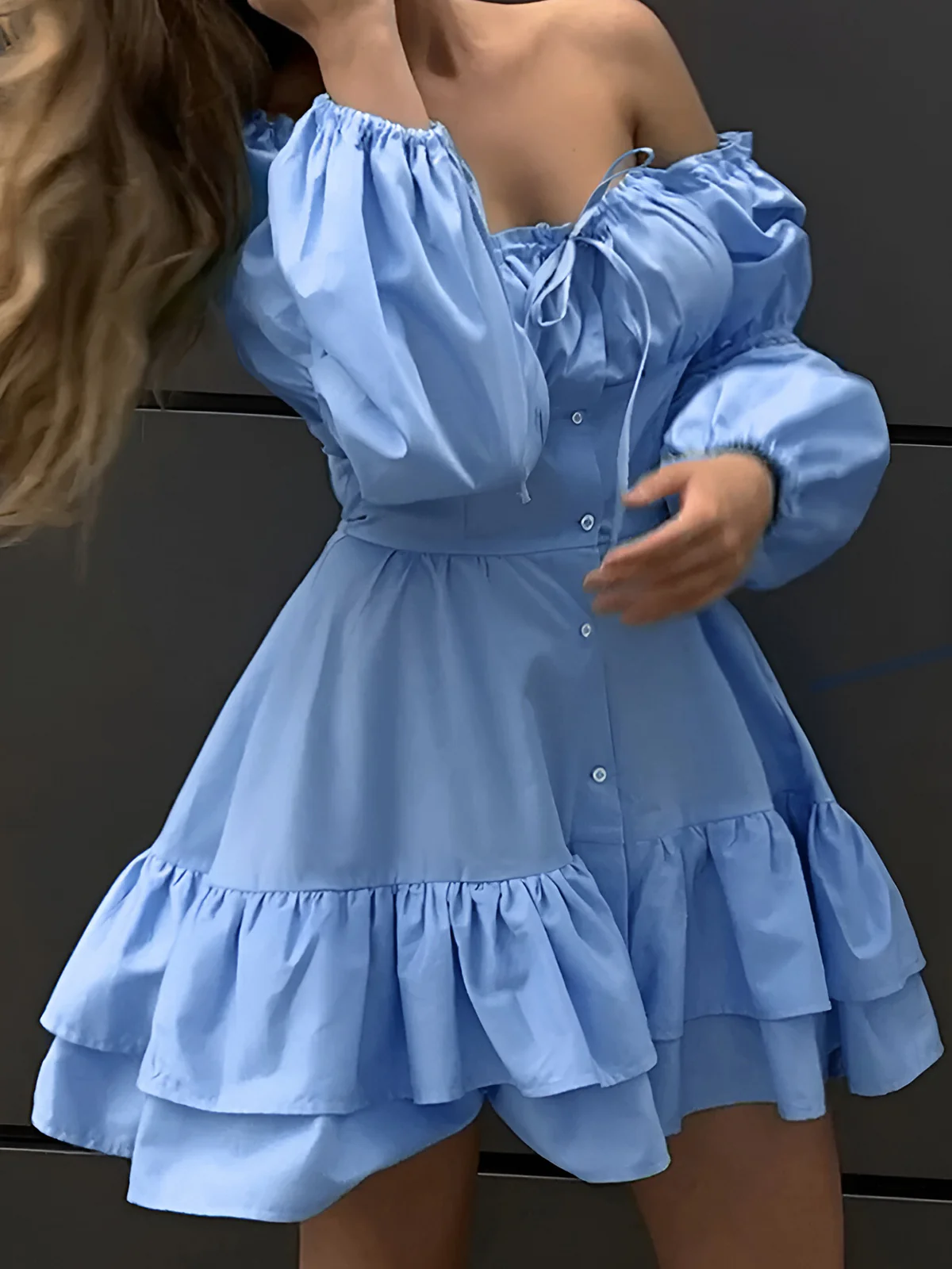 Off-Shoulder Ruffle Trim Short Dress - Image 3