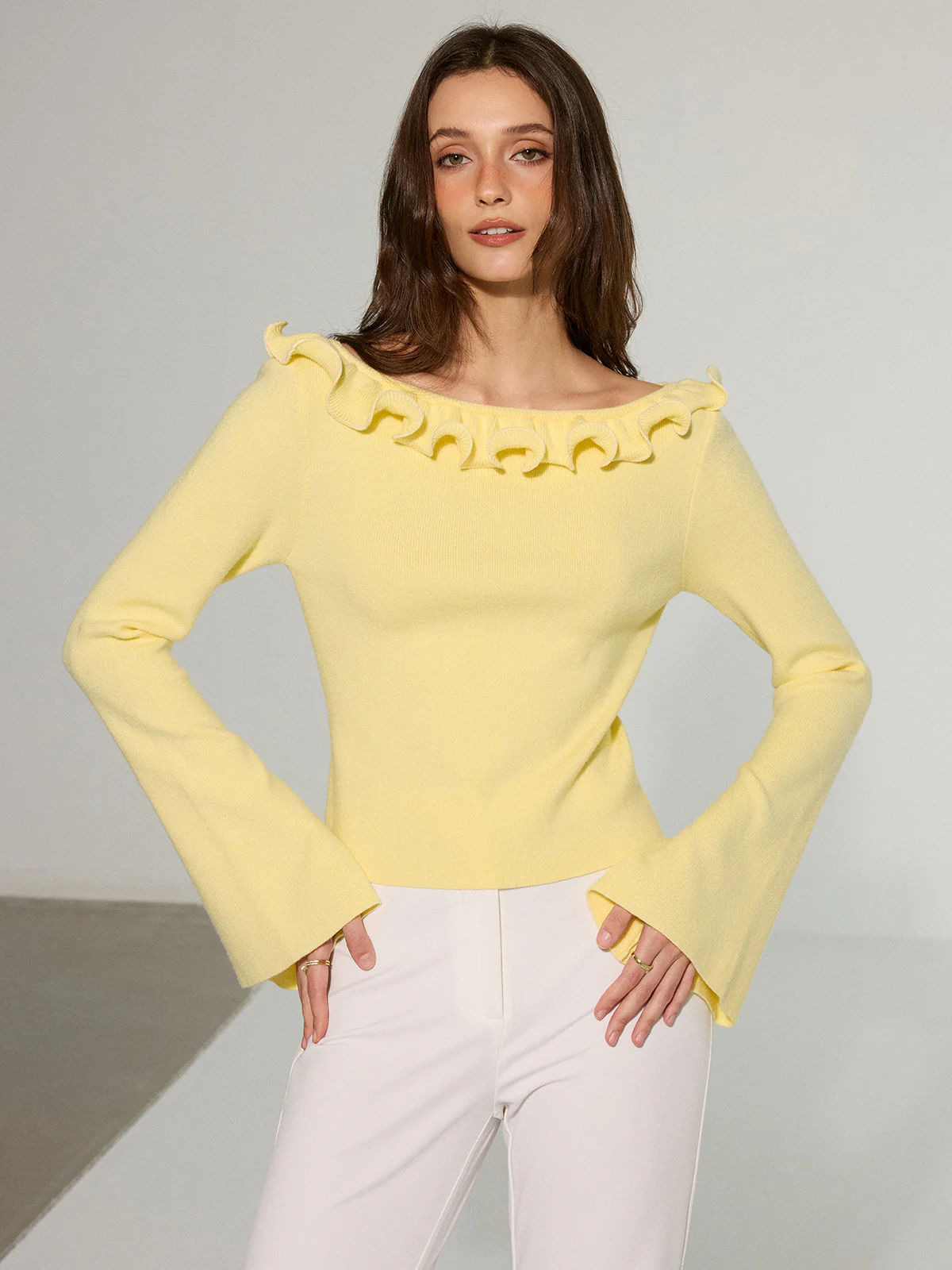 Off-Shoulder Ruffled Collar Flared Sleeve Sweater