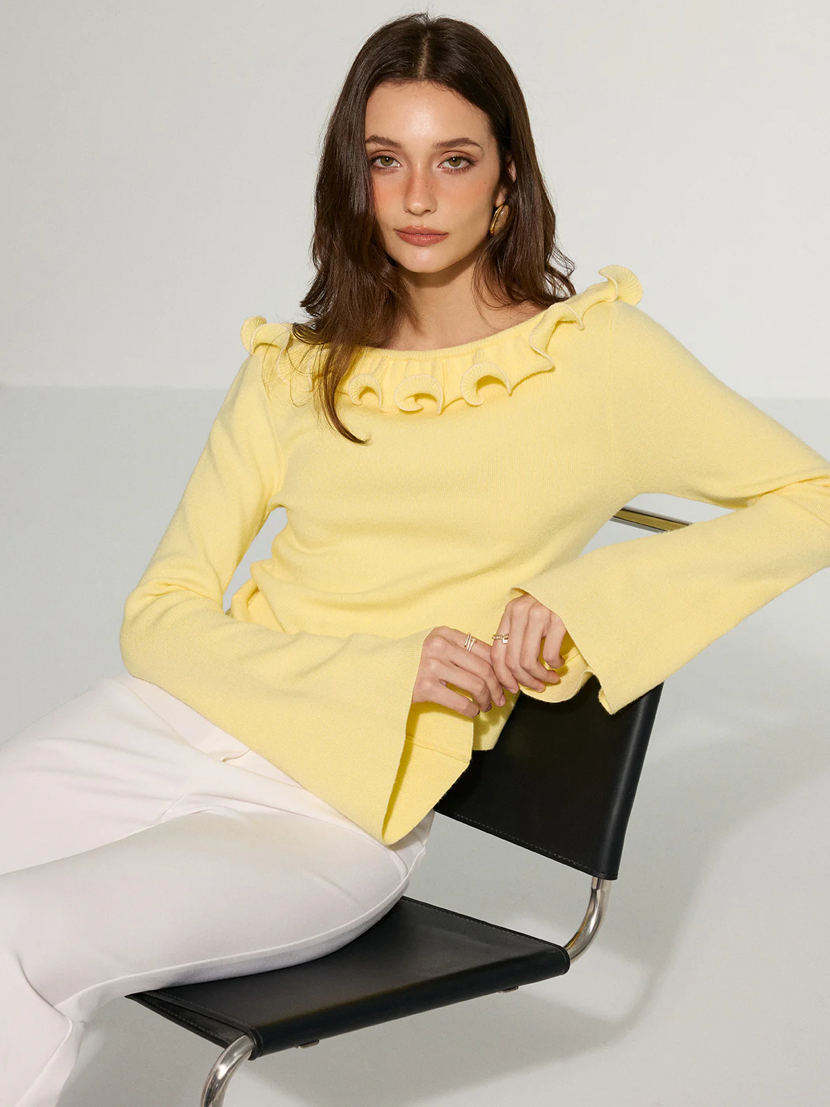 Off-Shoulder Ruffled Collar Flared Sleeve Sweater - Image 2
