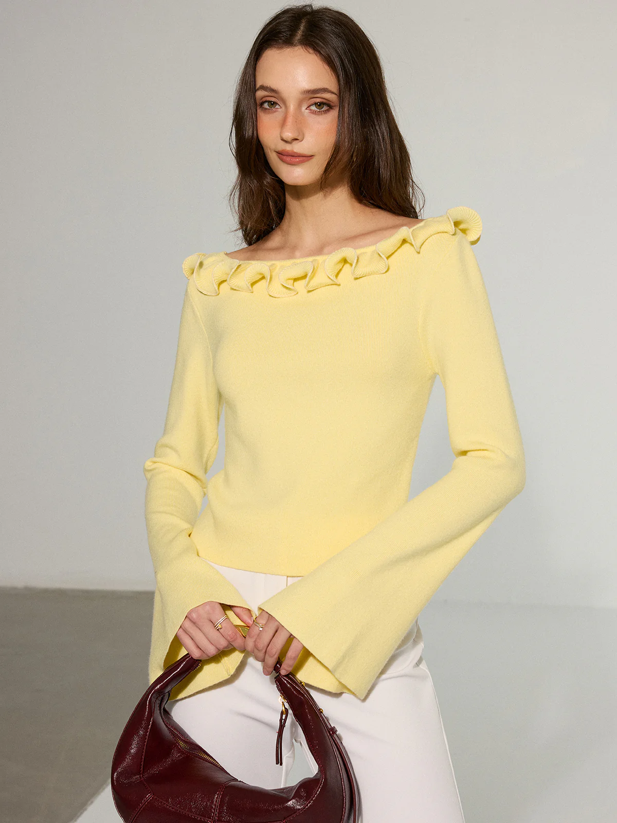 Off-Shoulder Ruffled Collar Flared Sleeve Sweater - Image 3