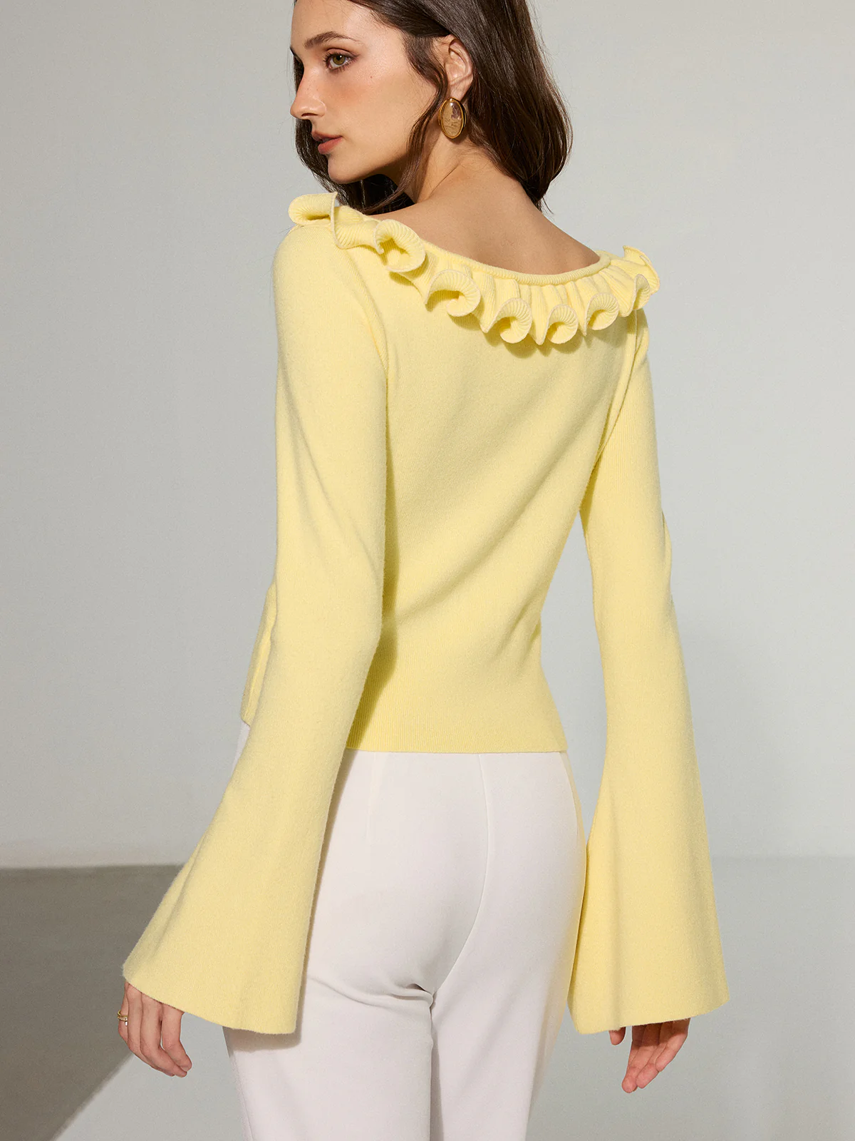 Off-Shoulder Ruffled Collar Flared Sleeve Sweater - Image 4