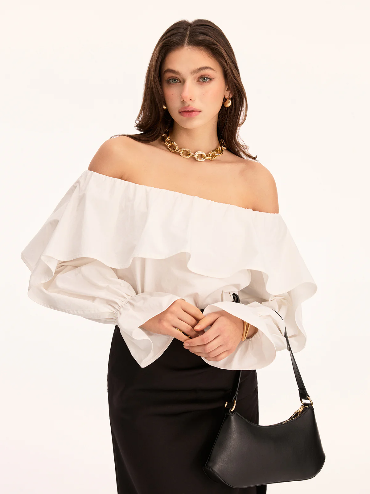 Off Shoulder Ruffled Cotton Long Sleeve Blouse - Image 3