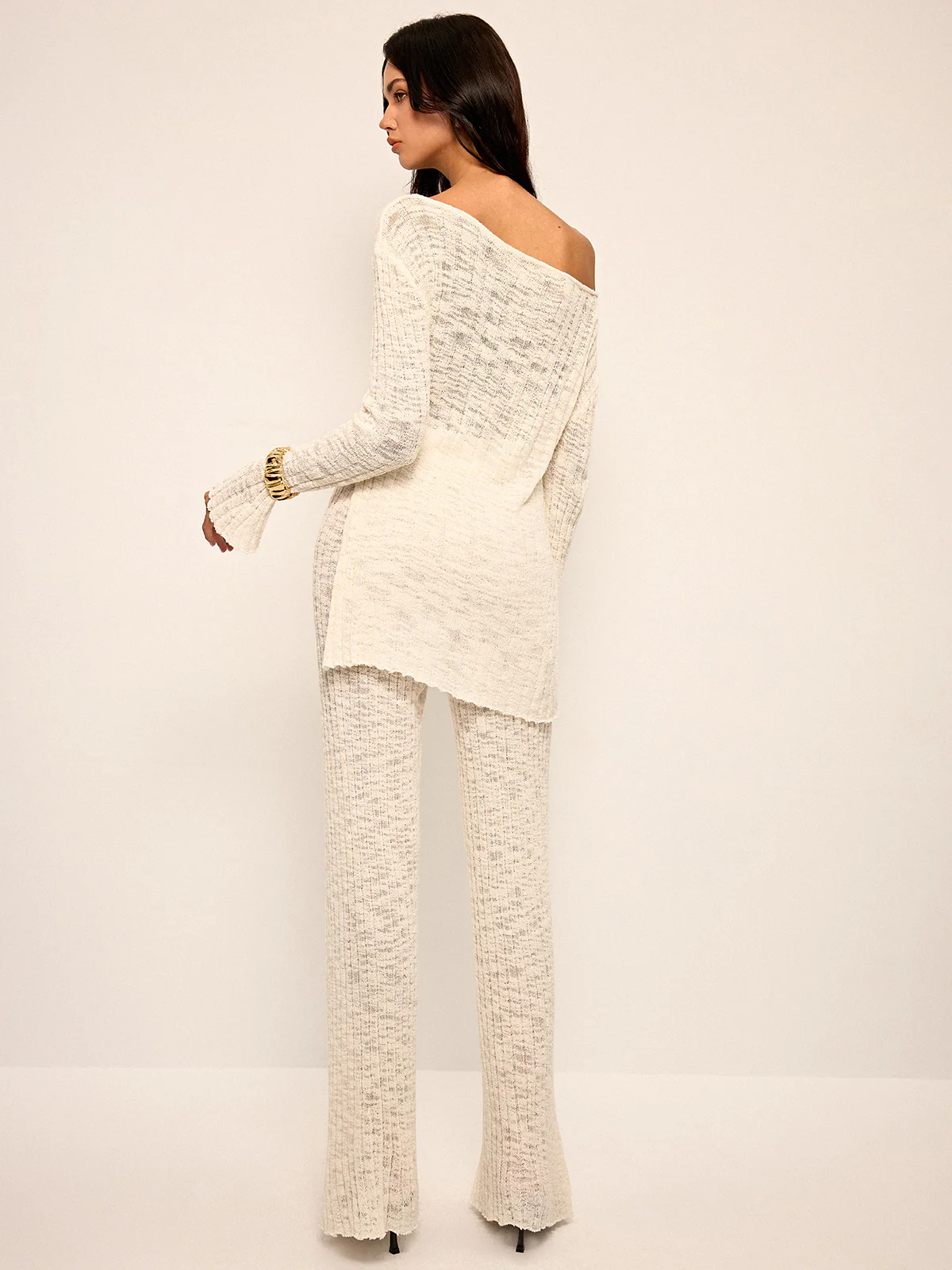 Off-Shoulder Sheer Knit Top and Flared Pants Set - Image 7