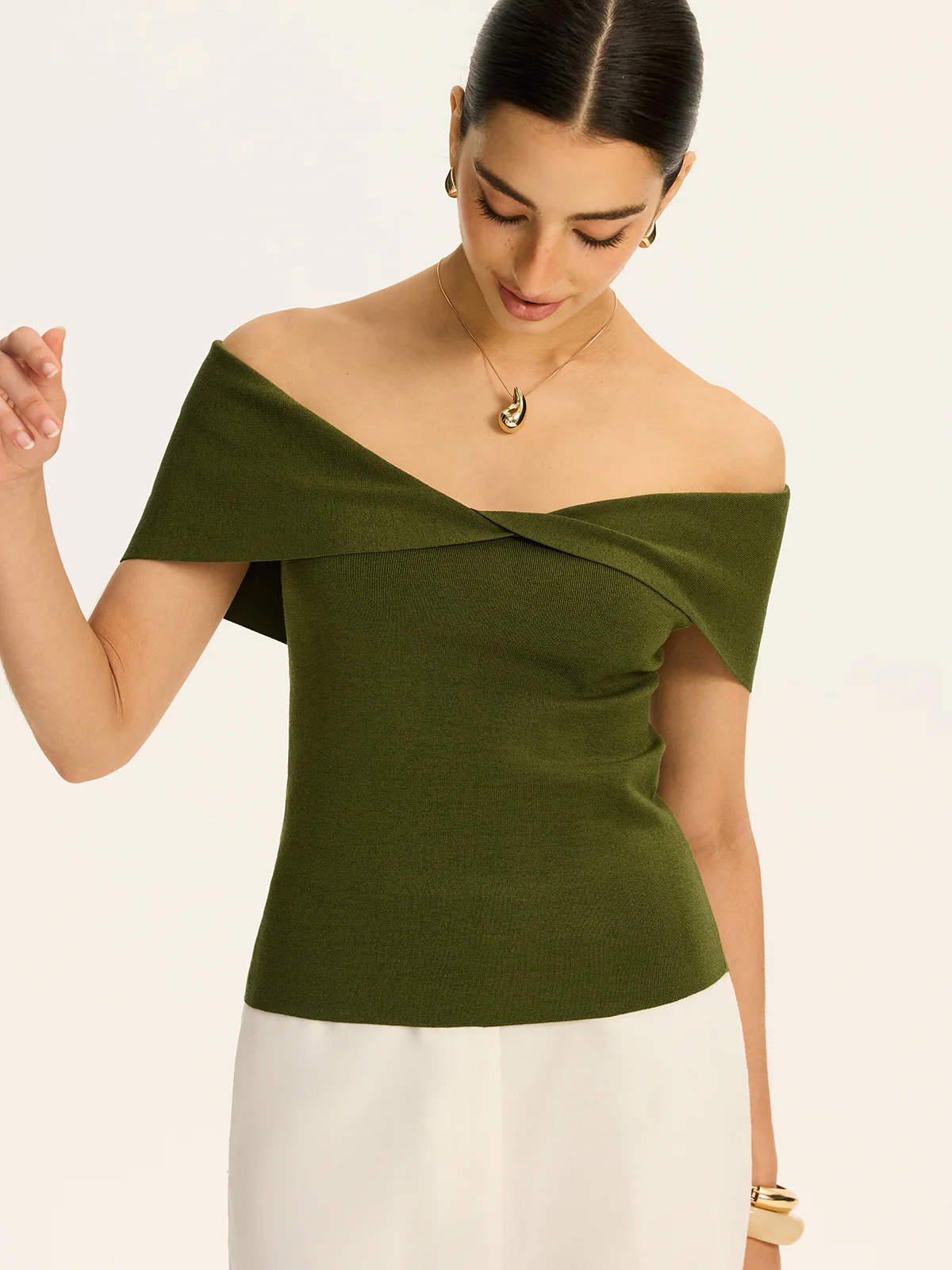 Off-Shoulder Twist-Front Knit Top - Image 2
