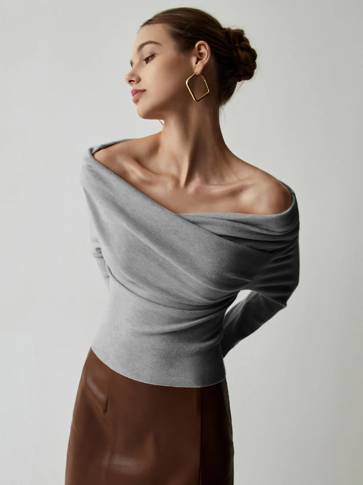 Off Shoulder Wrap Long Sleeve Knit Top - Image 7