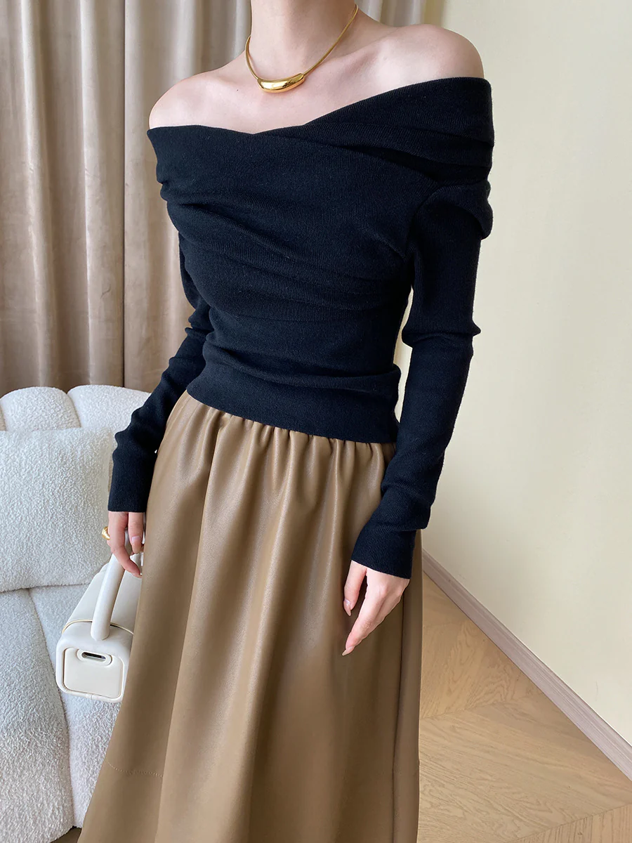 Off Shoulder Wrap Long Sleeve Knit Top - Image 8