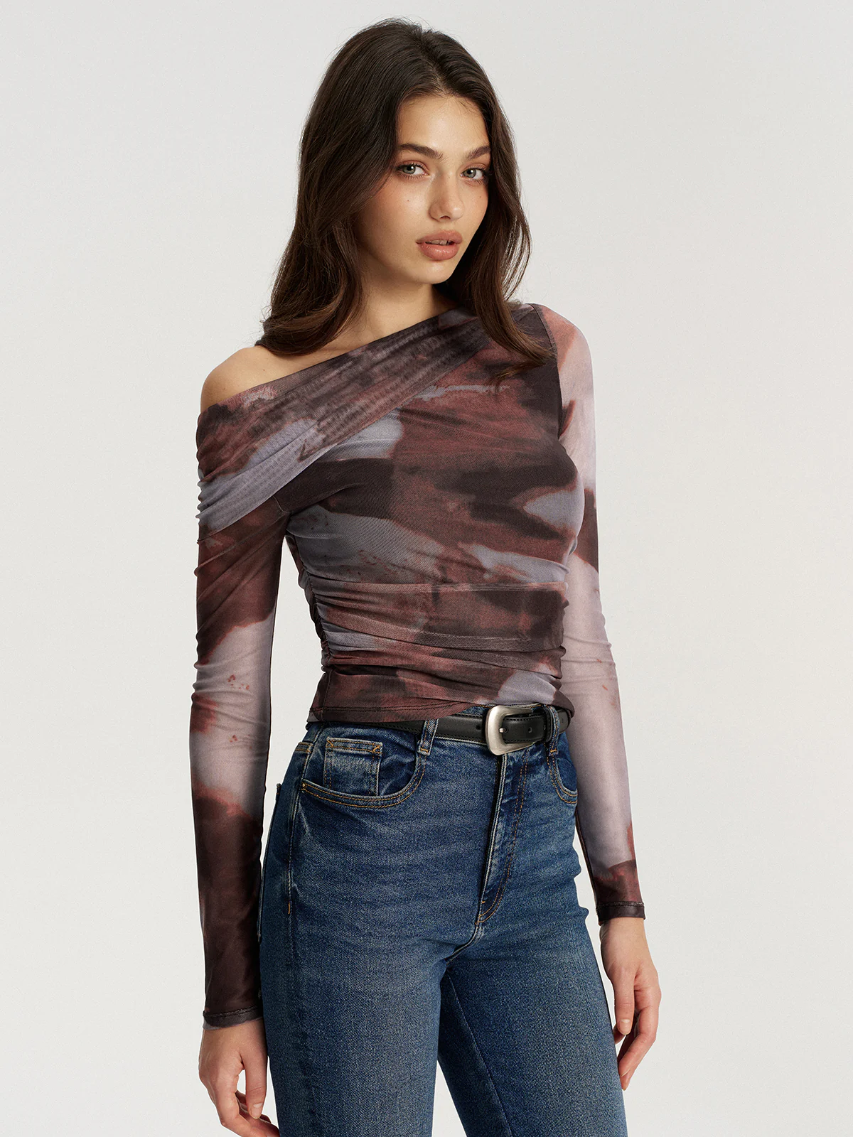 One Shoulder Abstract Print Mesh Ruched Top - Image 3