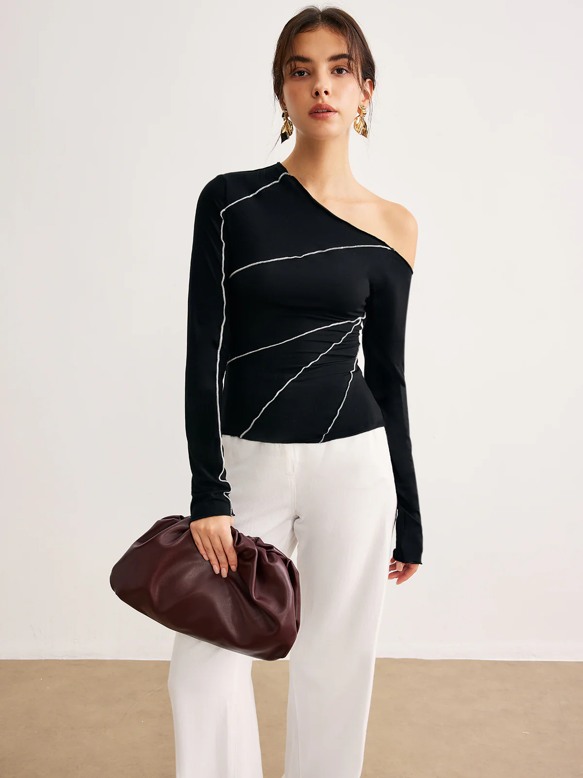 One-Shoulder Contrast Piping Skinny T-Shirt - Image 5