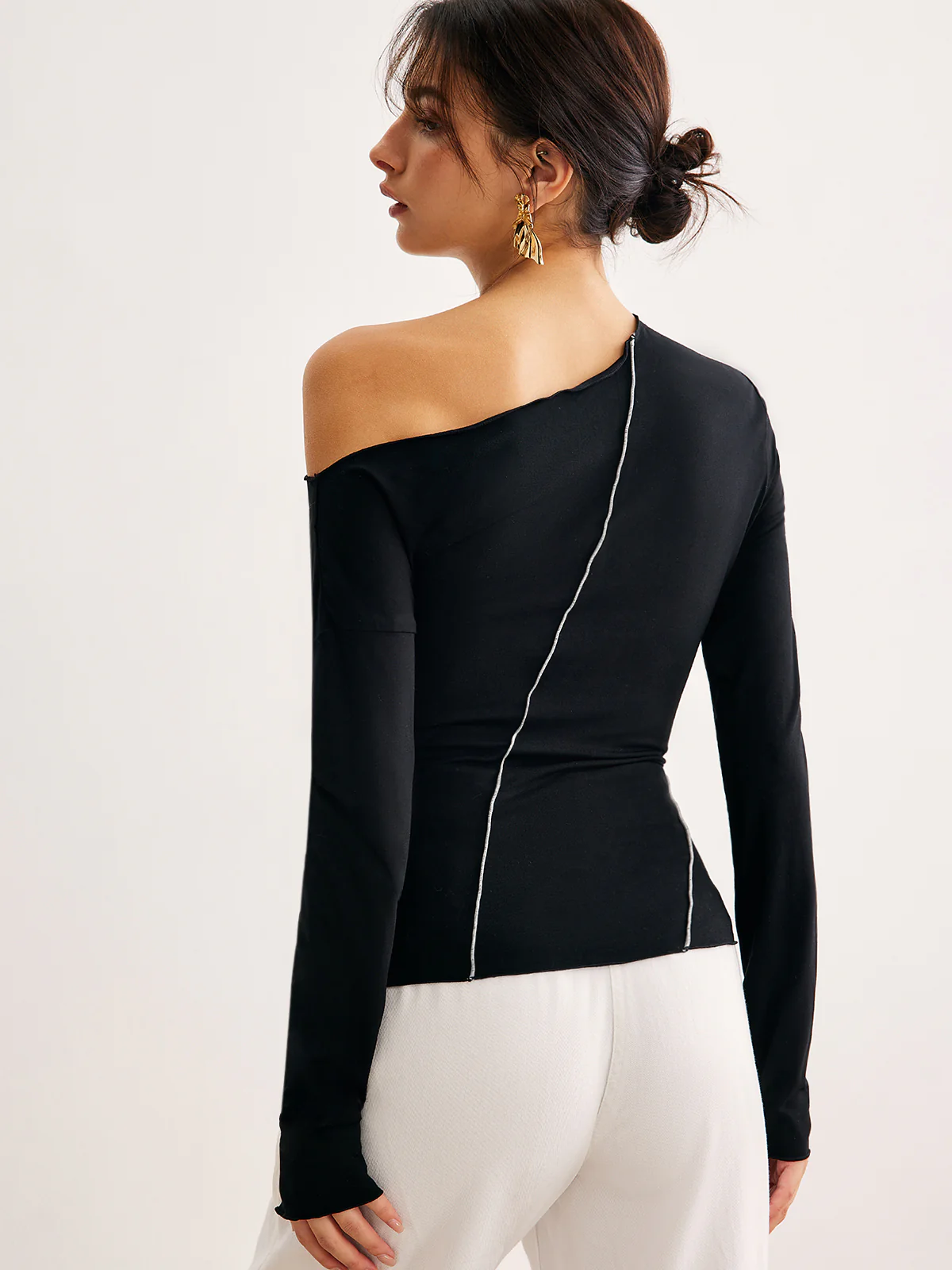 One-Shoulder Contrast Piping Skinny T-Shirt - Image 6