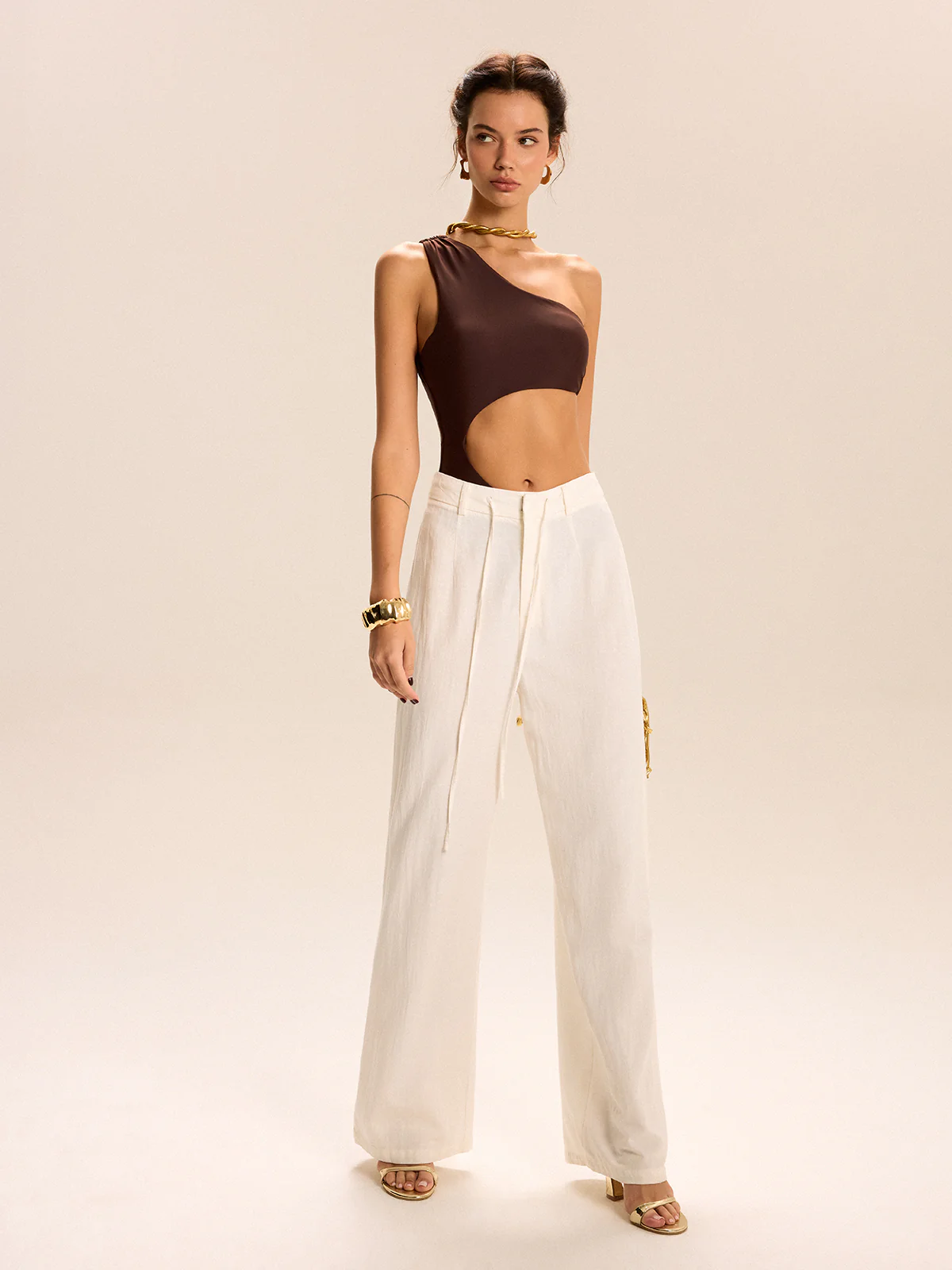 One Shoulder Cutout Metal Buckle One-Piece - Image 3
