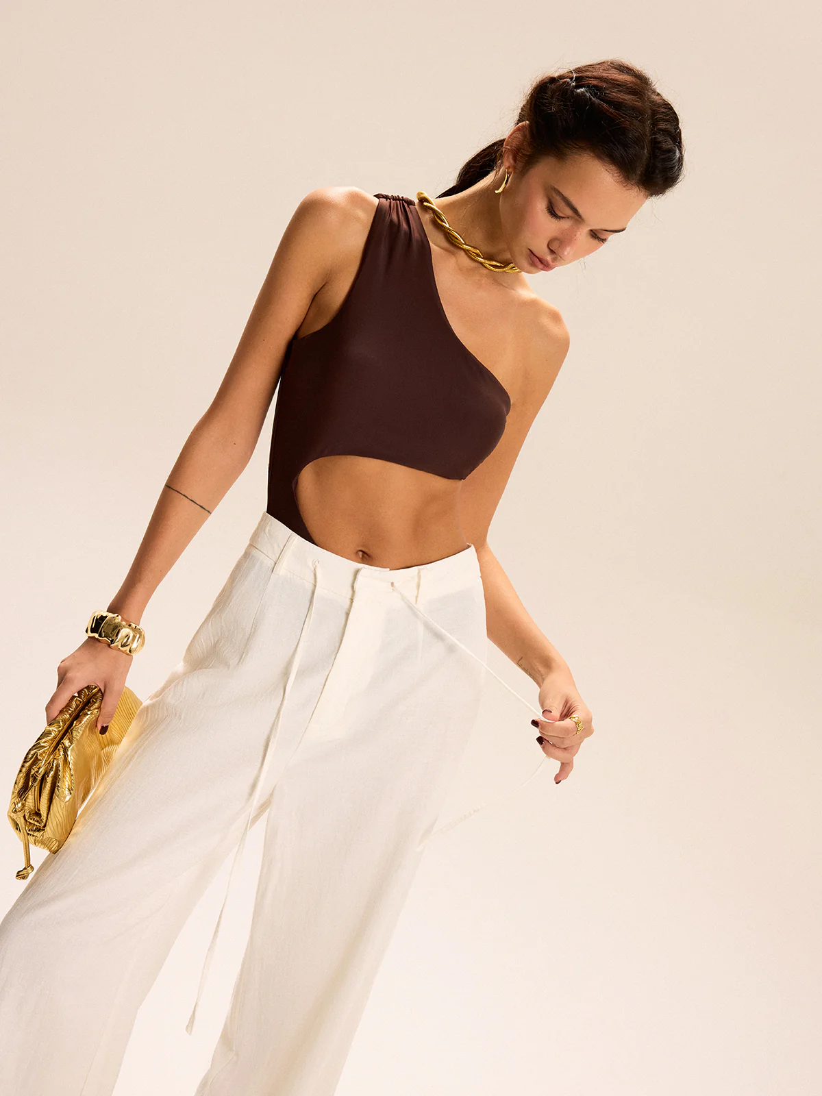 One Shoulder Cutout Metal Buckle One-Piece - Image 6