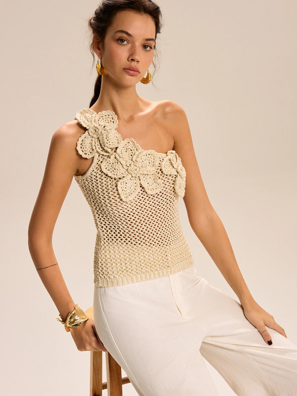 One-Shoulder Floral Crochet Knit Top - Image 4