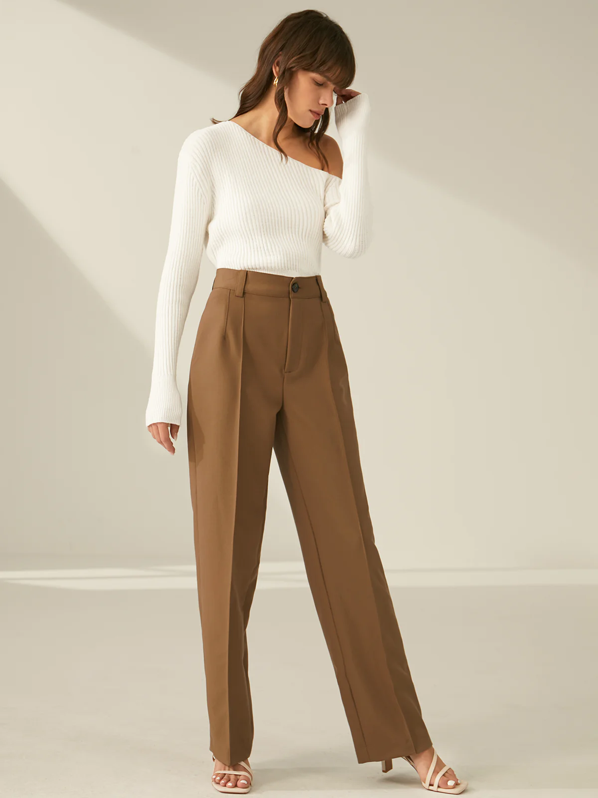 One Shoulder Long Sleeve Ribbed Pullover Sweater - Image 3