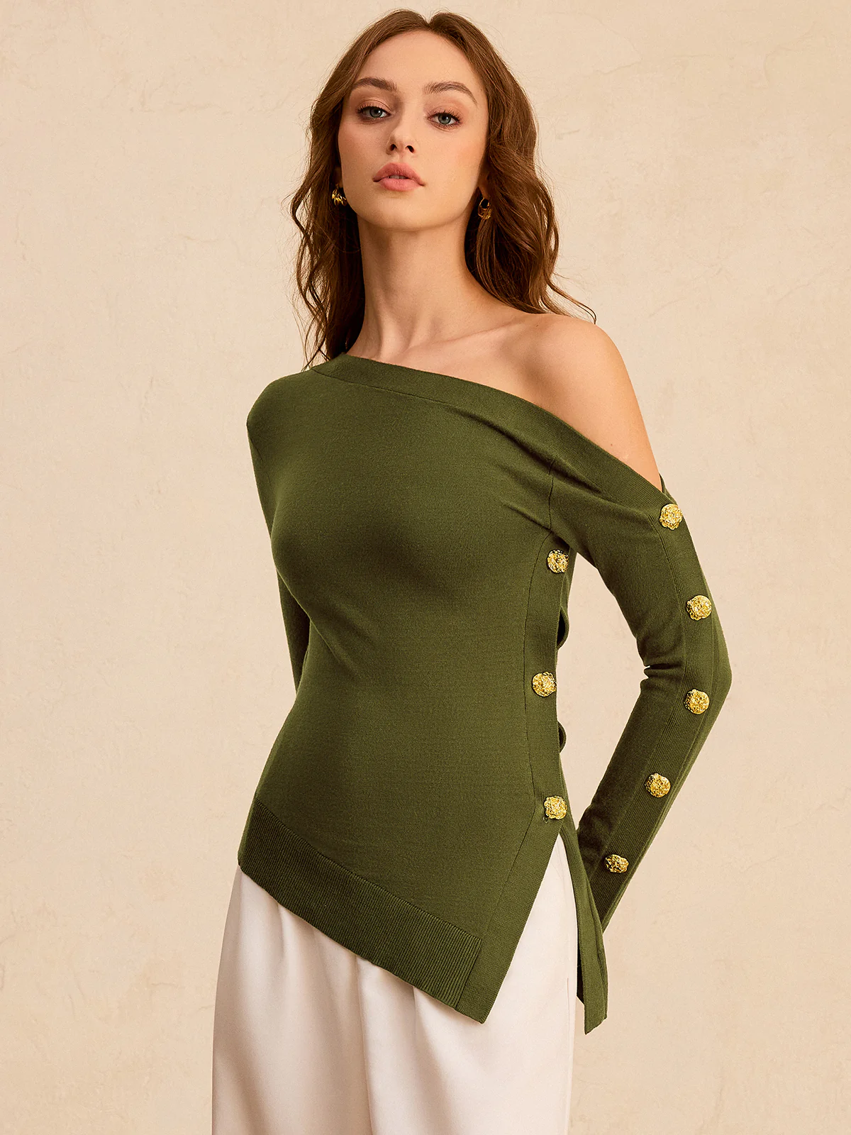 One-Shoulder Metal Detail Asymmetric Knit Top - Image 3