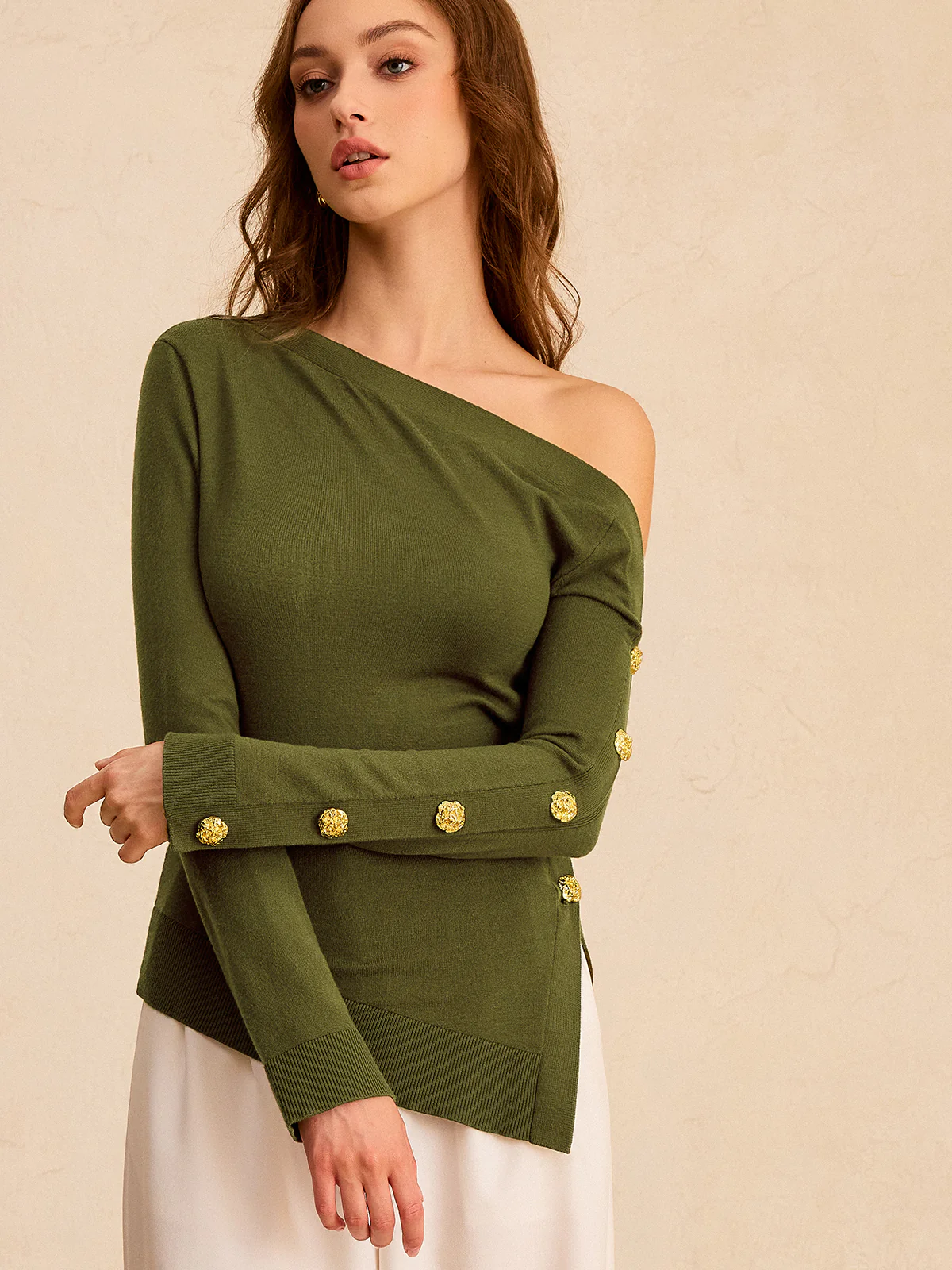 One-Shoulder Metal Detail Asymmetric Knit Top - Image 4
