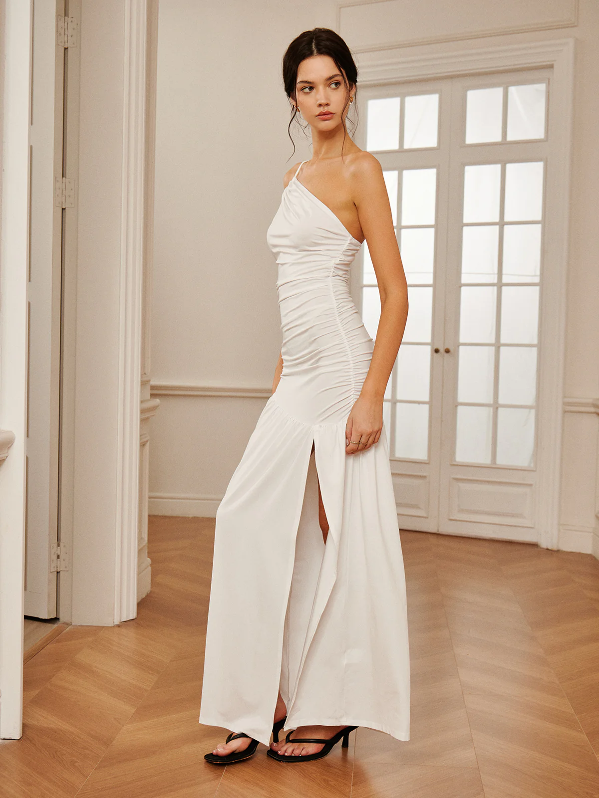 One Shoulder Pleated Split Long Dress - Image 3