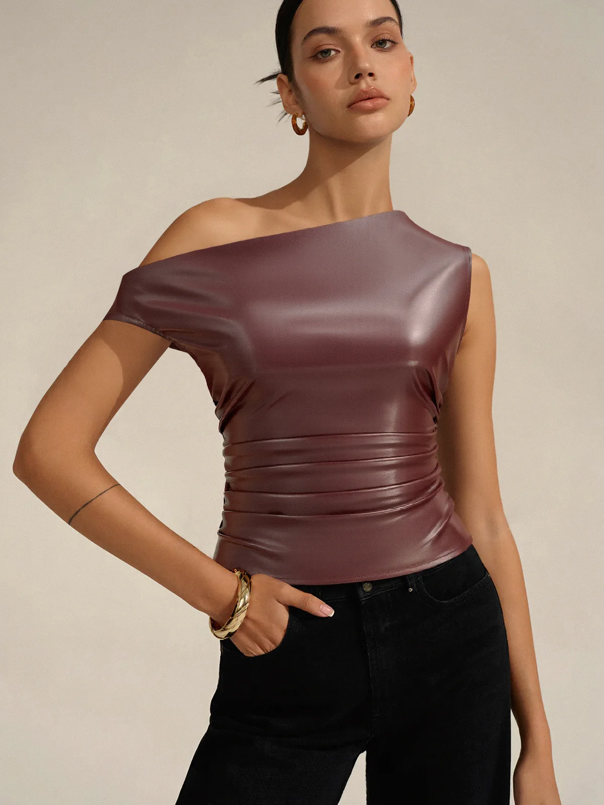 One-Shoulder PU Leather Tank Top - Image 2